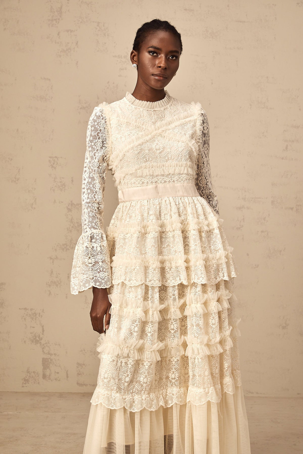 Agnès neutrals lace-panel ruffled tulle maxi dress