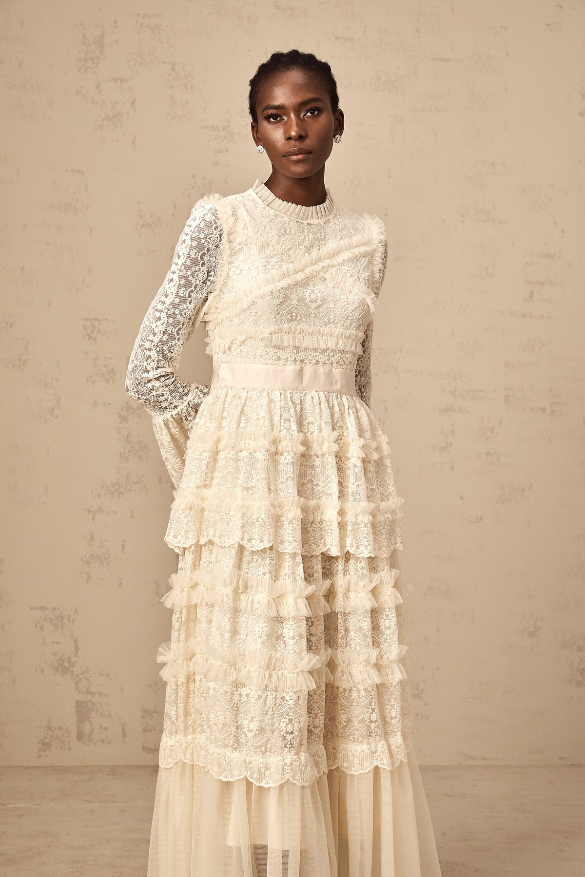 Agnès neutrals lace-panel ruffled tulle maxi dress