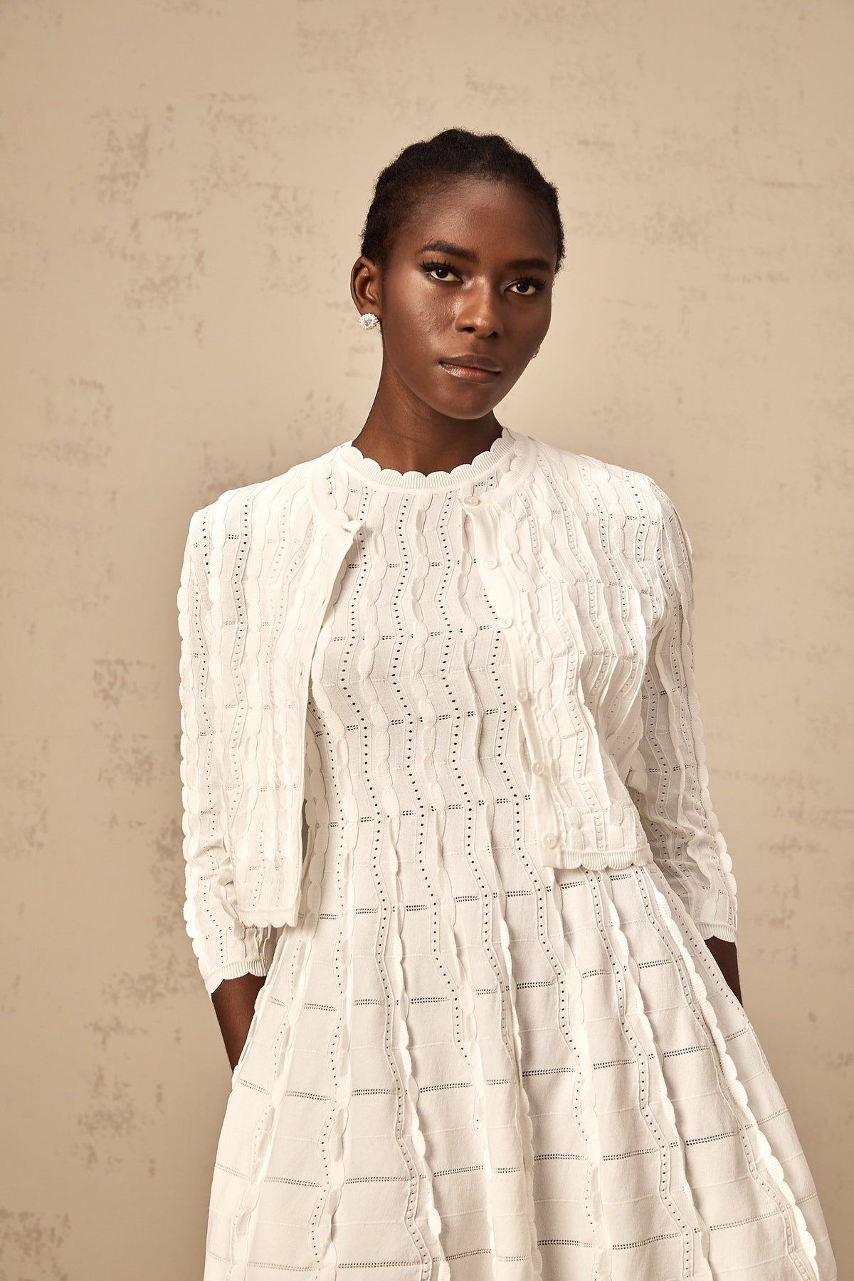 Esmée white ruffled knitted cardigan