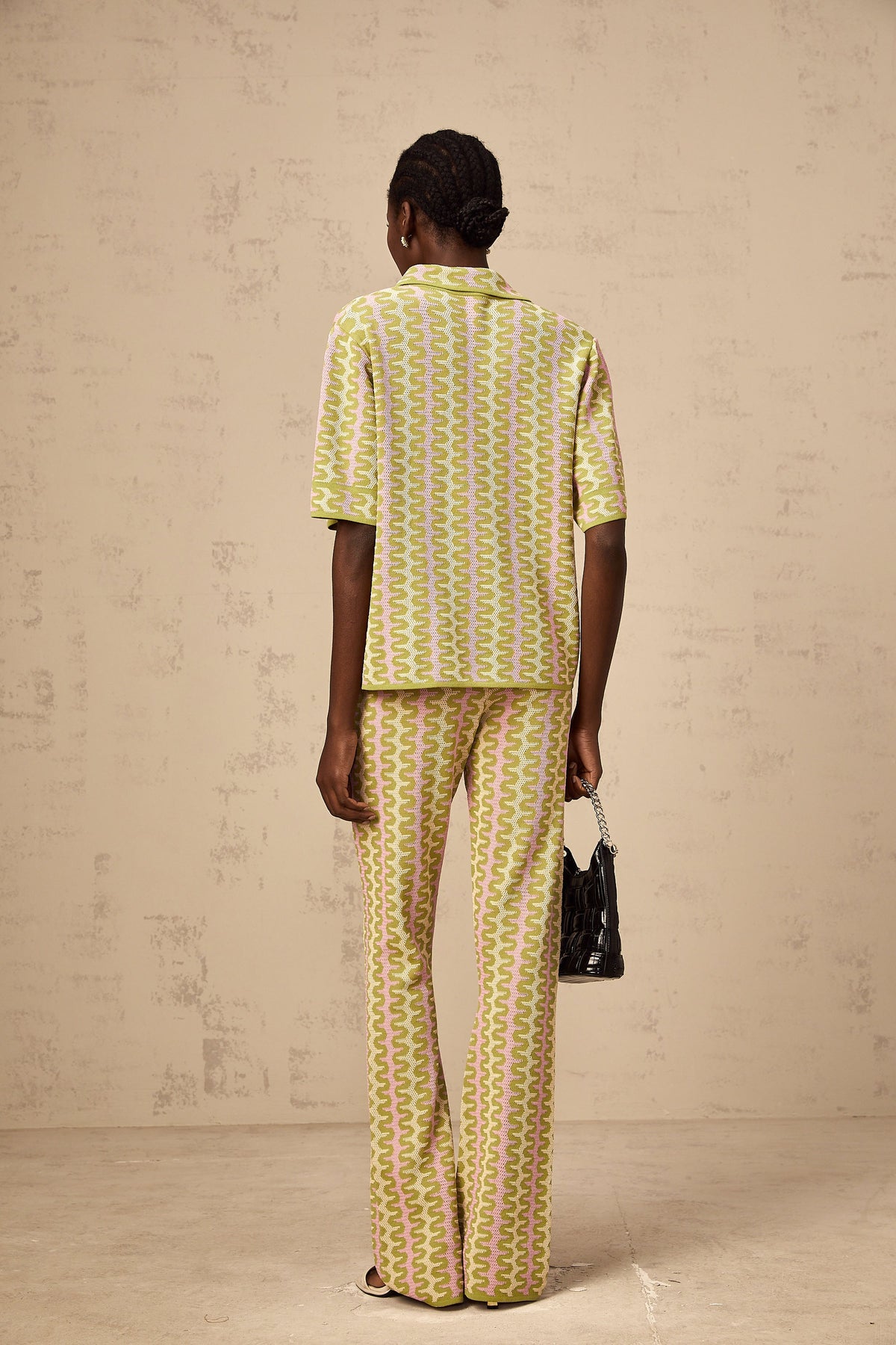 Ophélie green color-block knitted shirt & trousers matching set (Final Sale-US Only)