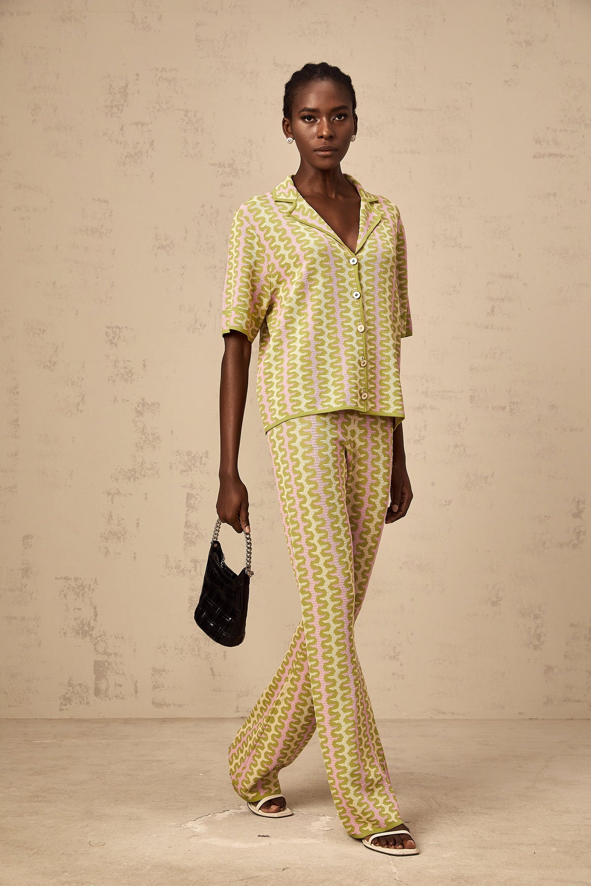 Ophélie green color-block knitted shirt & trousers matching set (Final Sale-US Only)