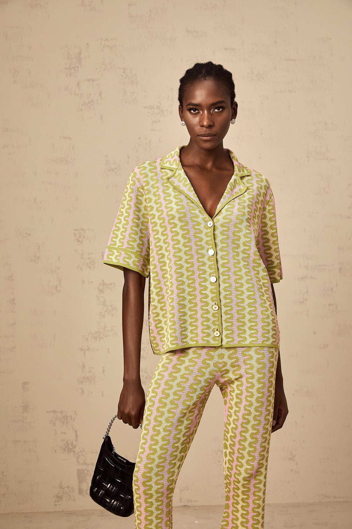 Ophélie green color-block knitted shirt & trousers matching set