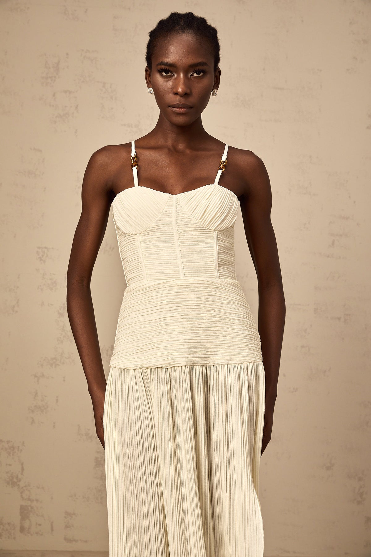 Félicie side-slit pleated maxi dress in Neutrals