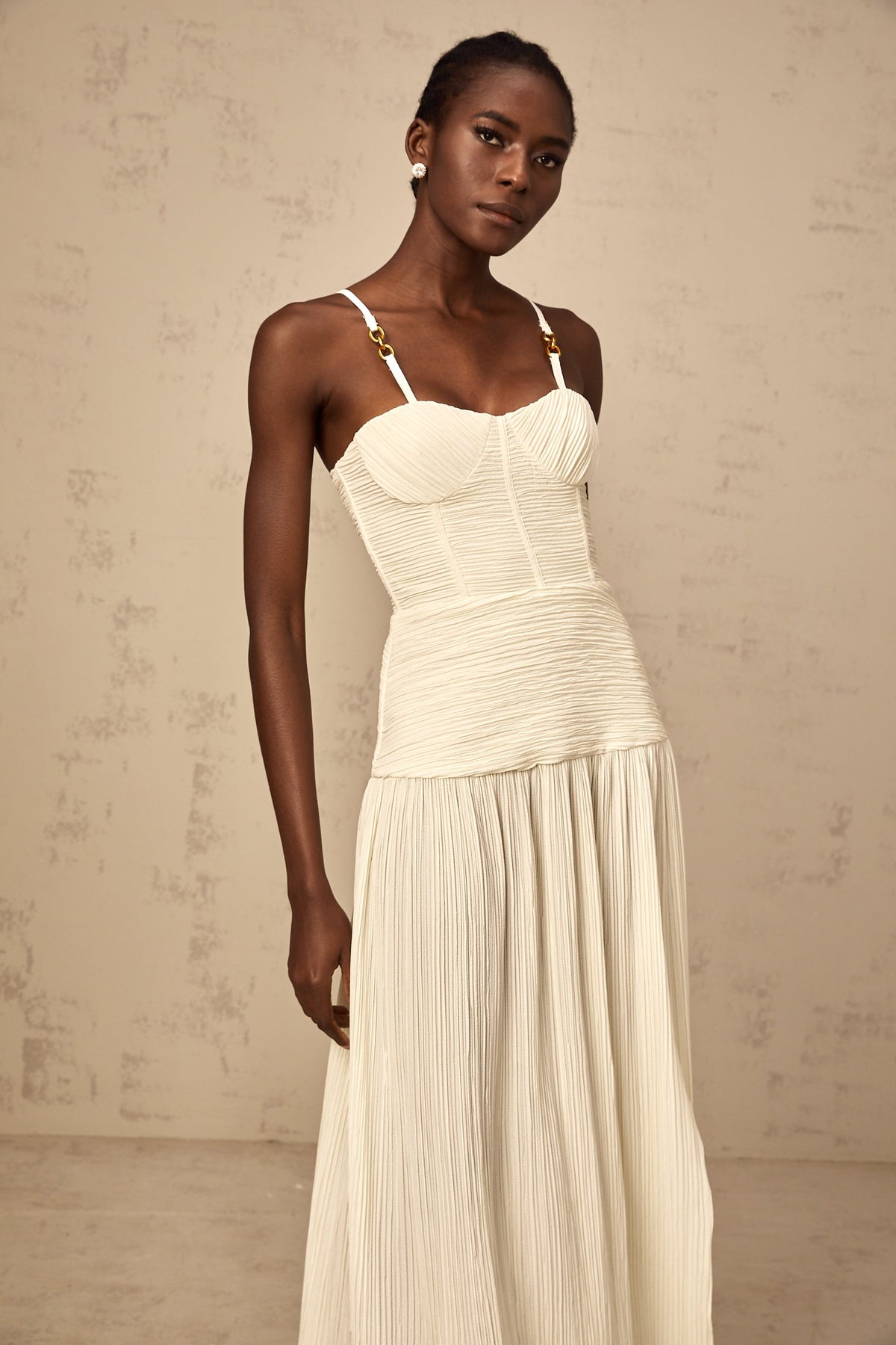 Félicie side-slit pleated maxi dress in Neutrals