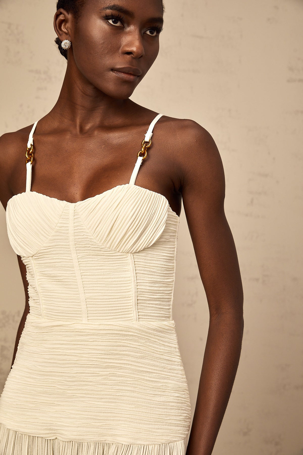 Félicie side-slit pleated maxi dress in Neutrals