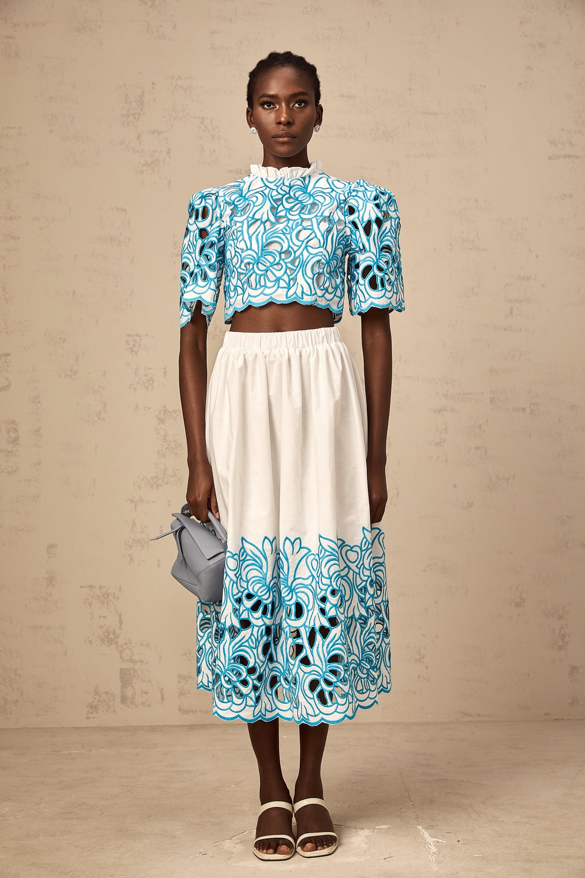 Aurore blue cut-out embroidered top & skirt matching set (Final Sale-US Only)