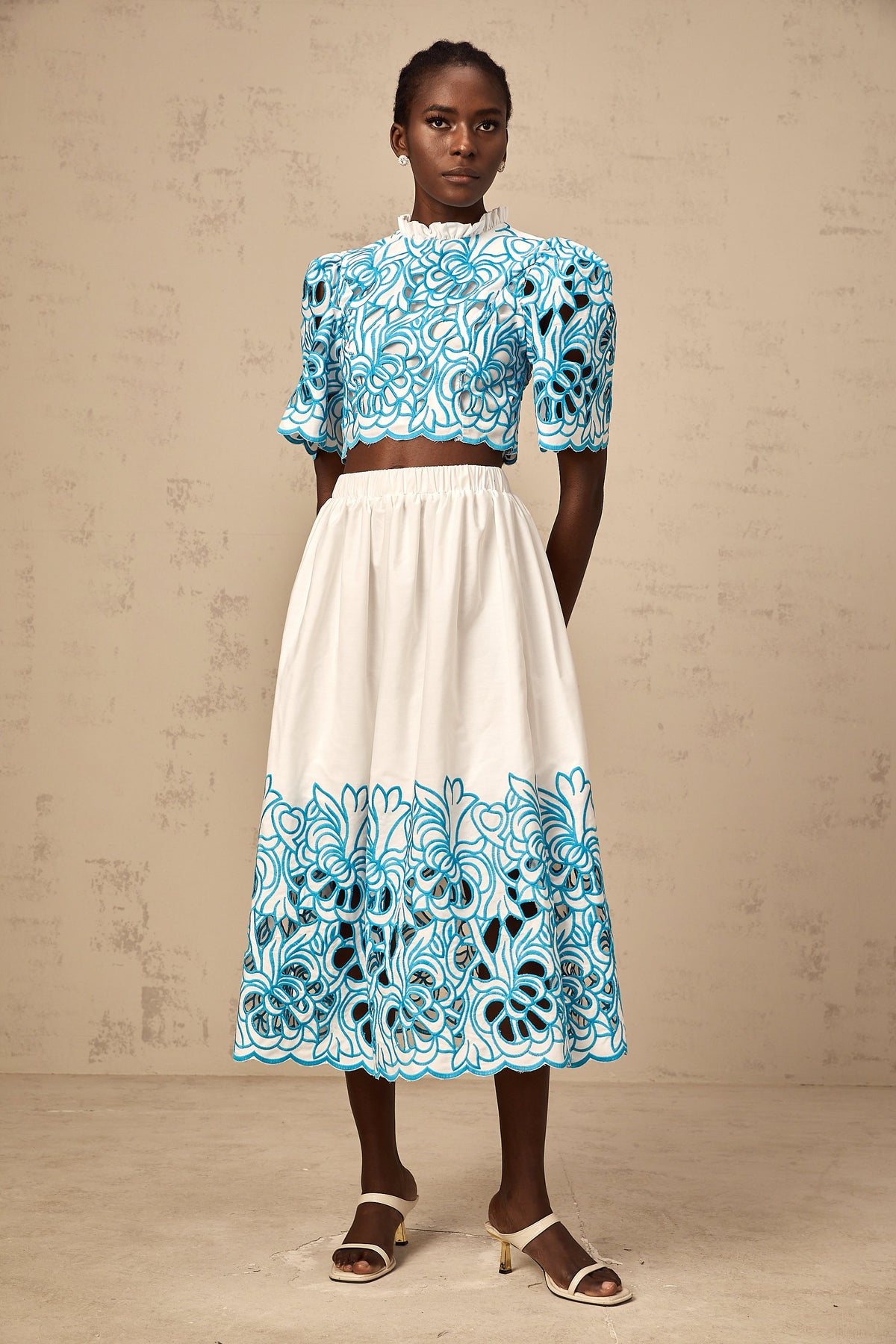 Aurore blue cut-out embroidered top & skirt matching set (Final Sale-US Only)