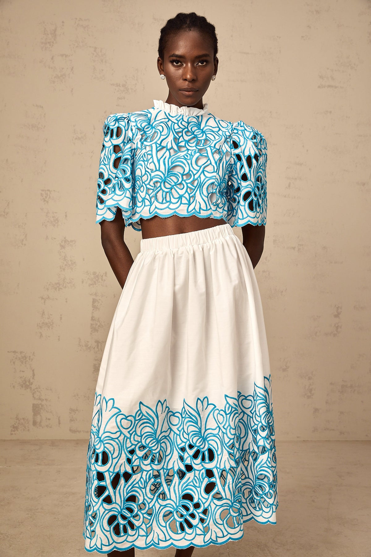 Aurore blue cut-out embroidered top & skirt matching set
