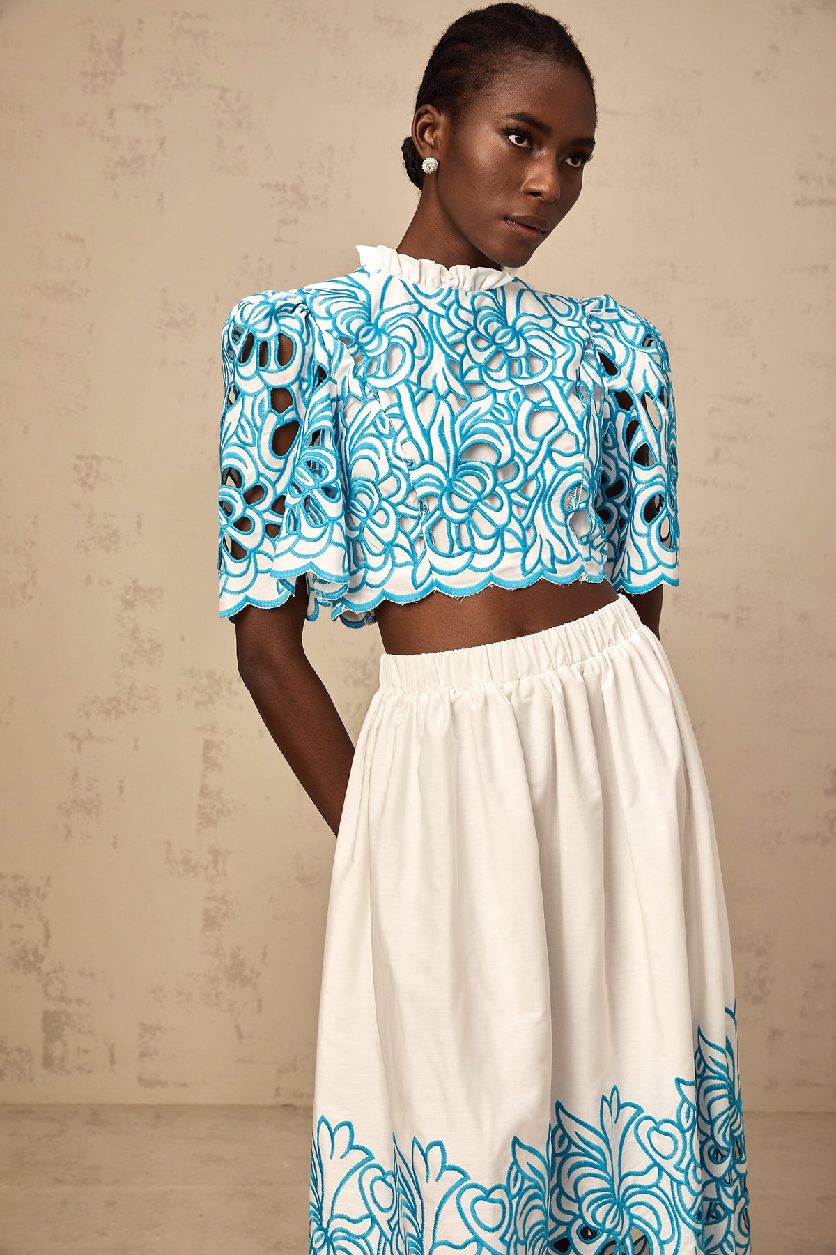 Aurore blue cut-out embroidered top & skirt matching set (Final Sale-US Only)