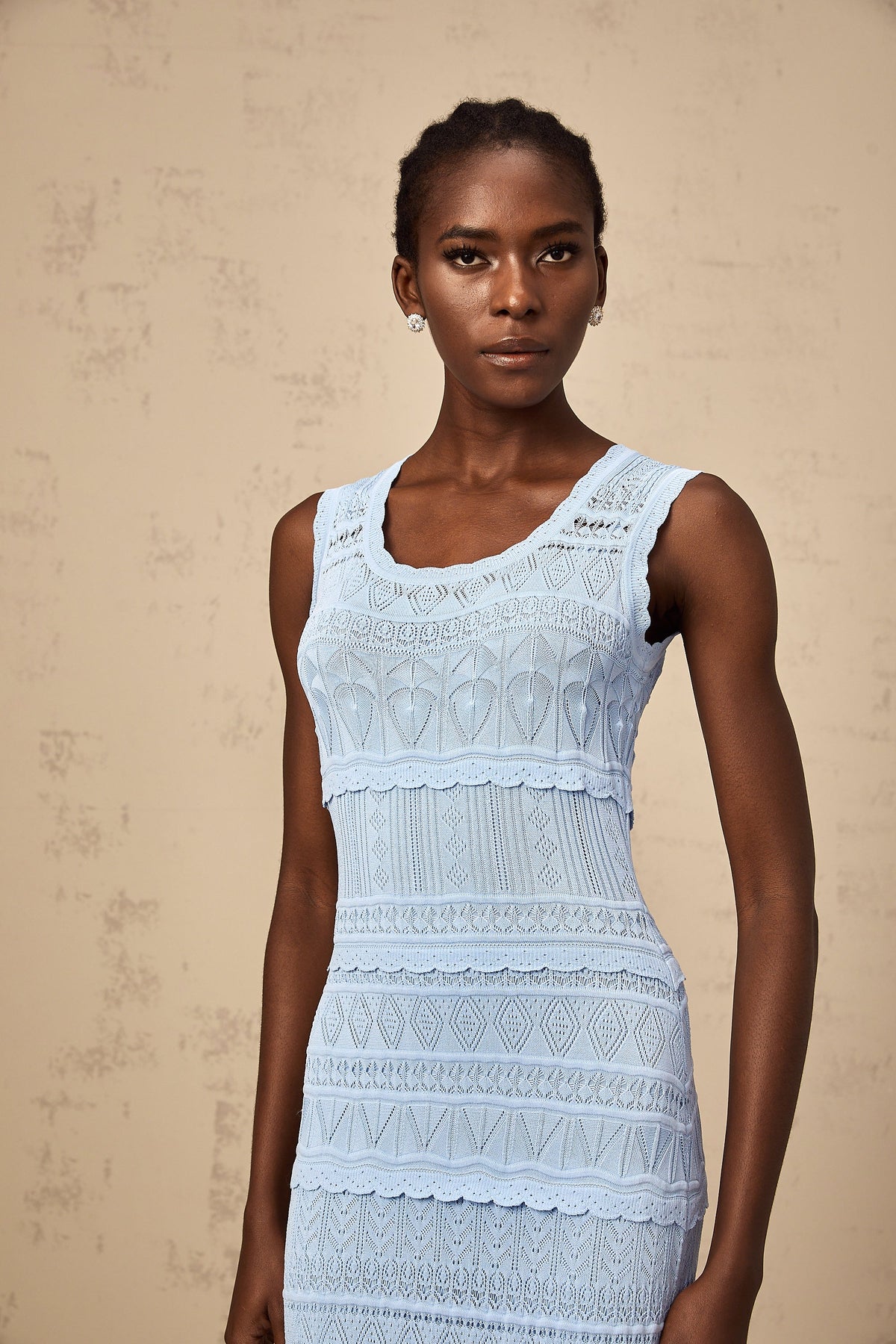 Mailys blue ruffled-trim crochet-knit midi dress