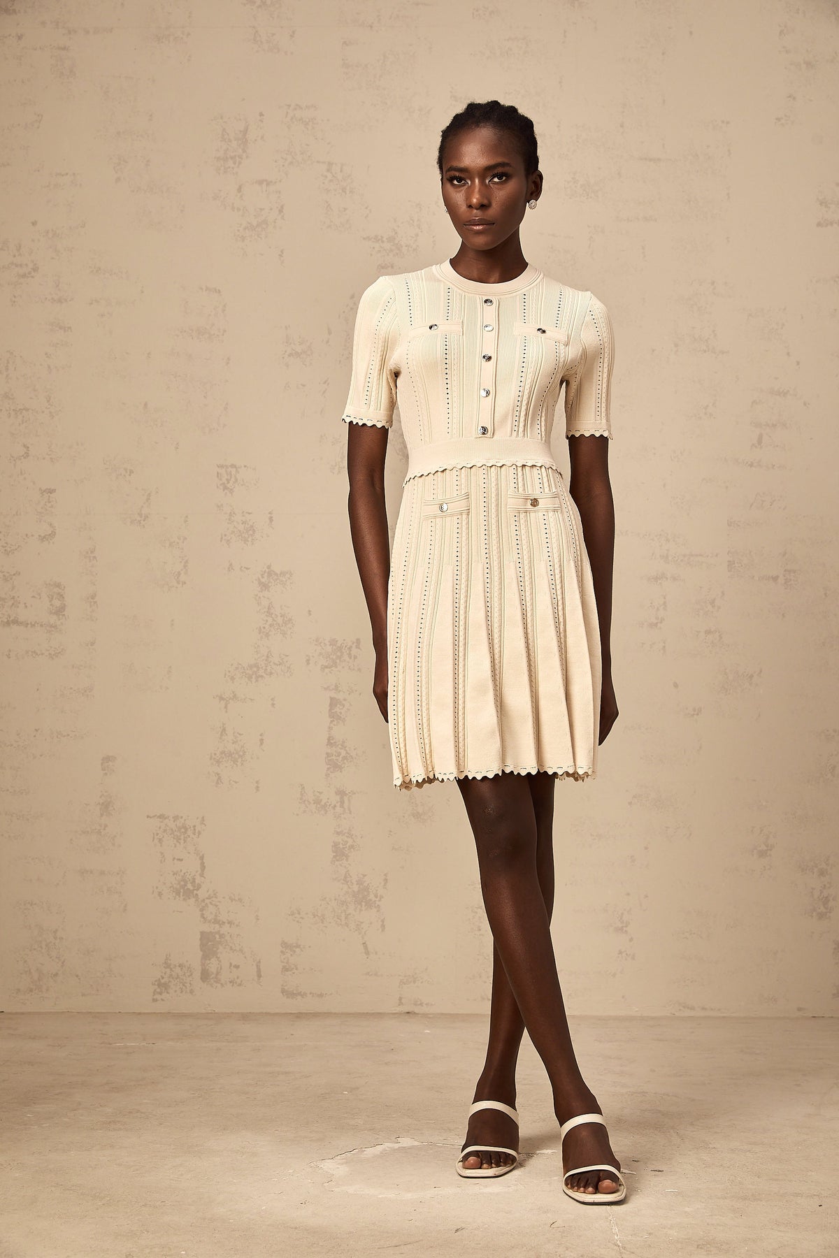Amélie neutrals pointelle-trim pleated knit mini dress (Final Sale-US Only)