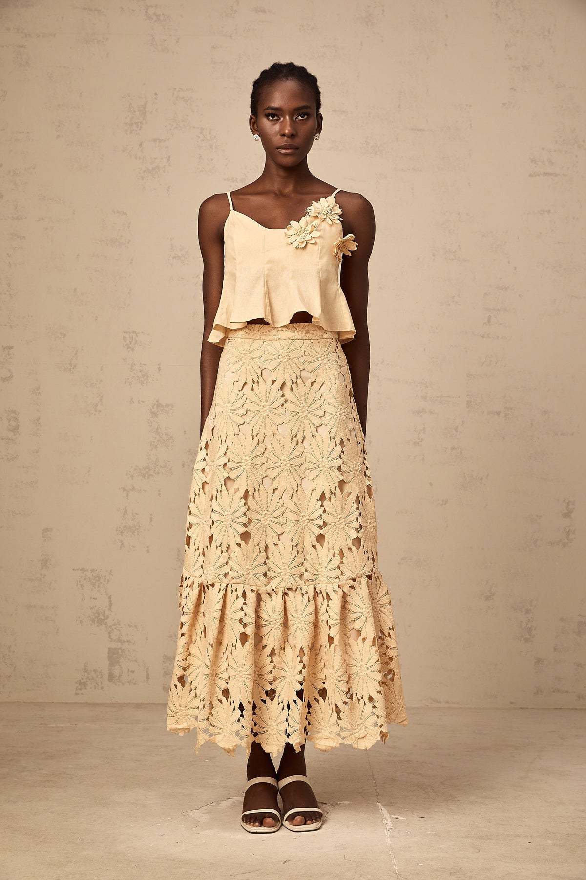 Céline khaki cut-out flared top & skirt matching set