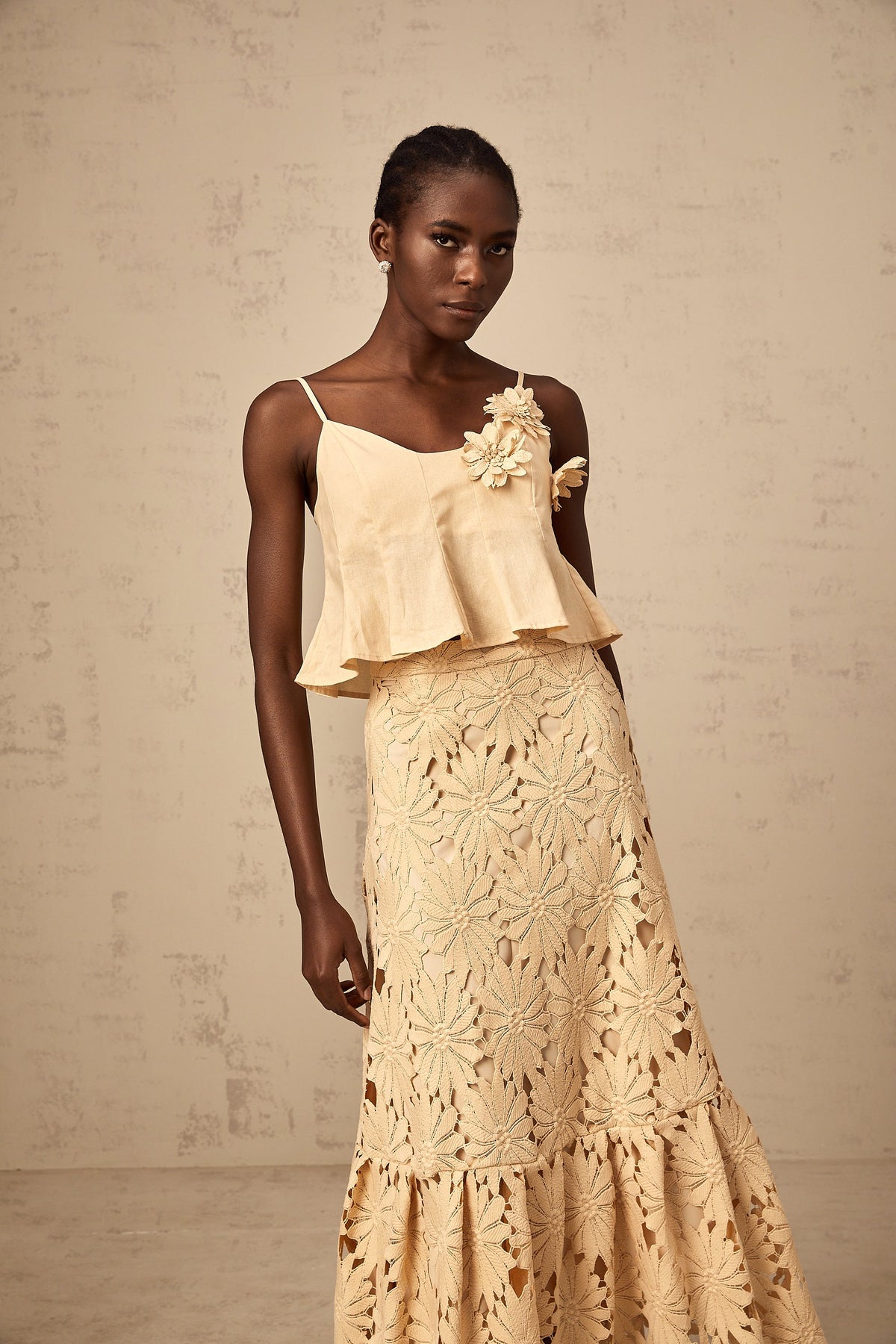 Céline khaki cut-out flared top & skirt matching set
