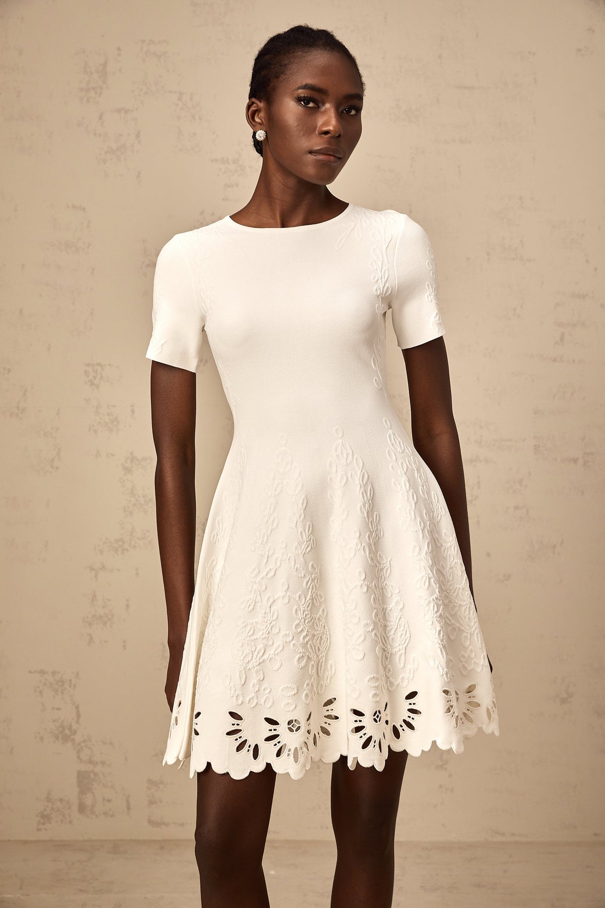 Émilie white knitted cut-out jacquard mini dress
