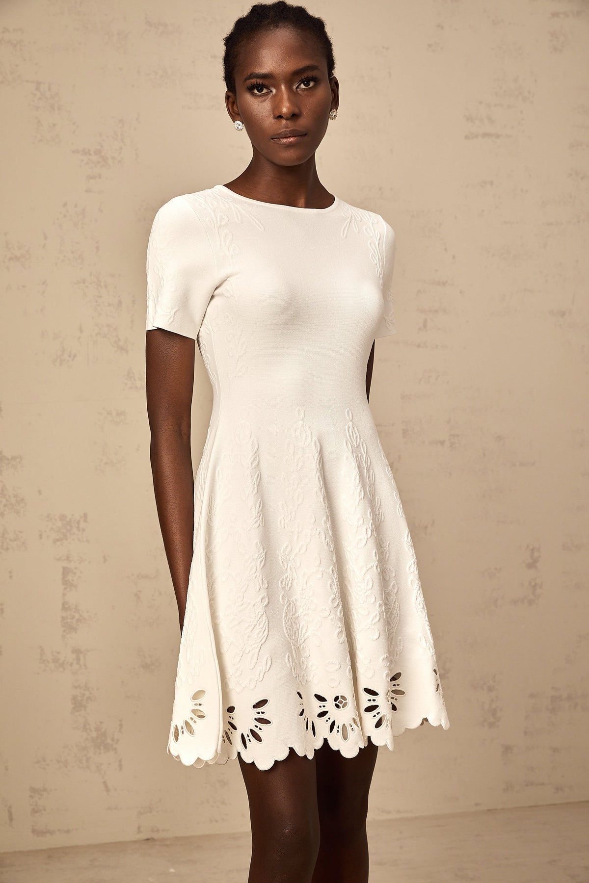 Émilie white knitted cut-out jacquard mini dress