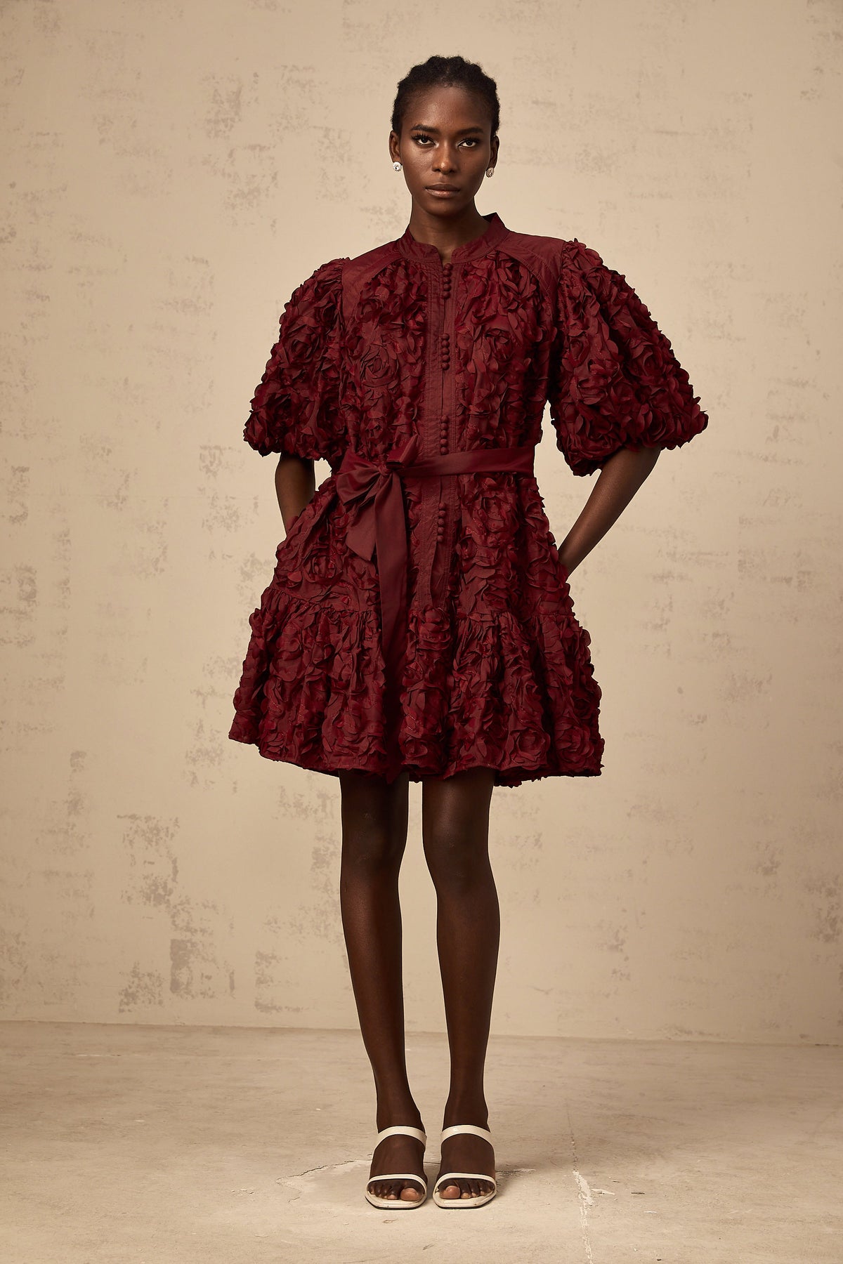Ségolène wine-red 3D-petal puff mini dress