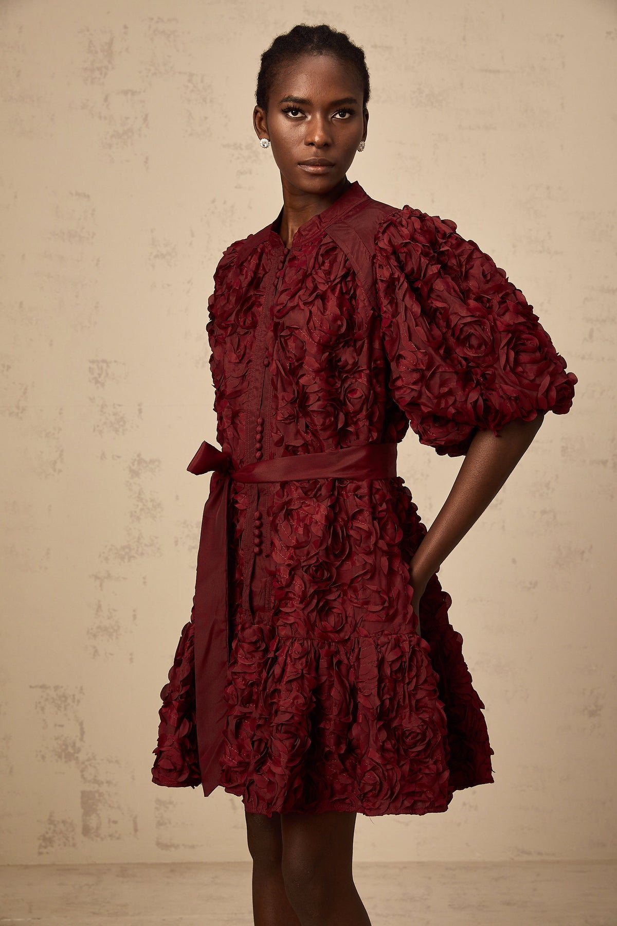 Ségolène wine-red 3D-petal puff mini dress (Final Sale-US Only)