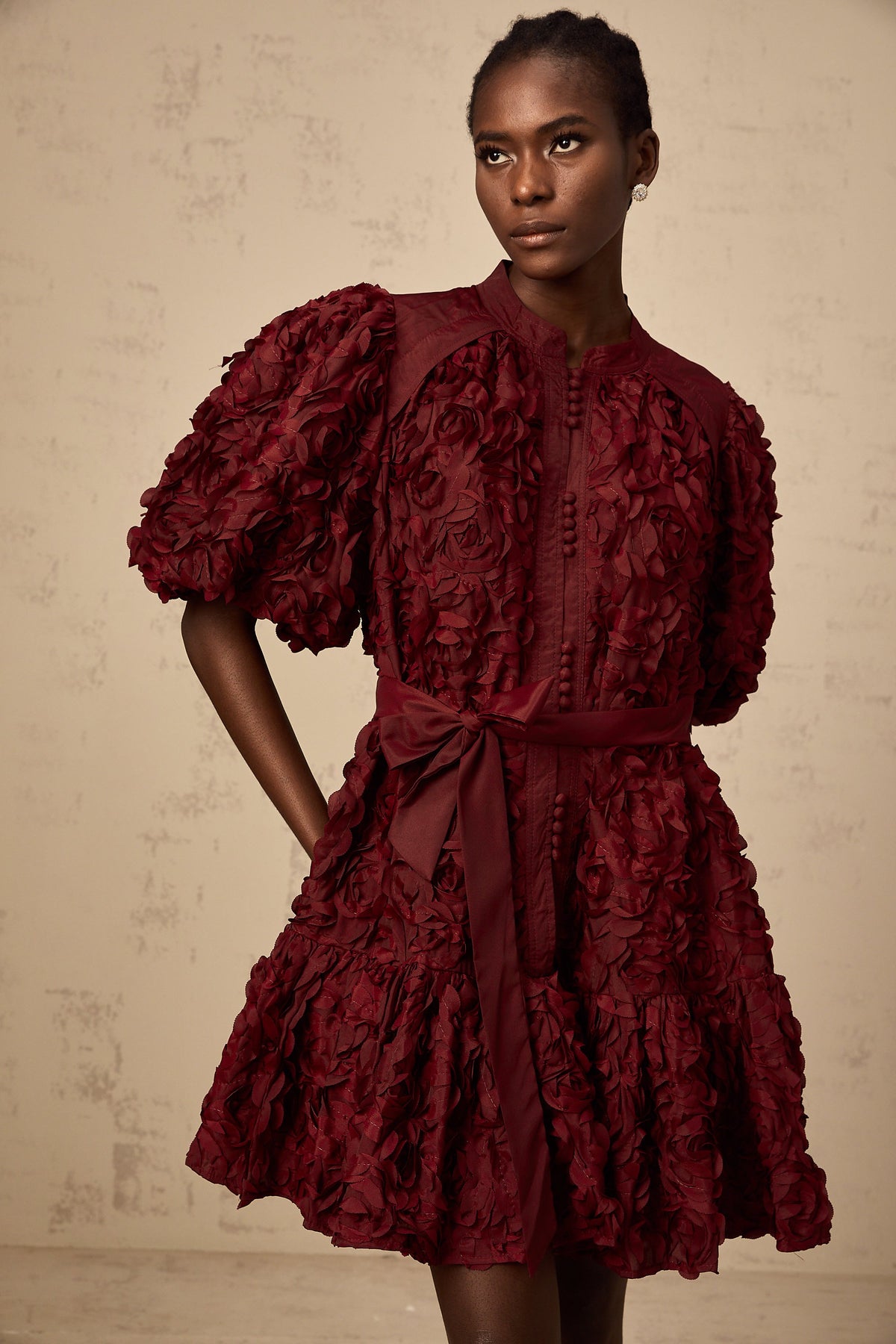 Ségolène wine-red 3D-petal puff mini dress