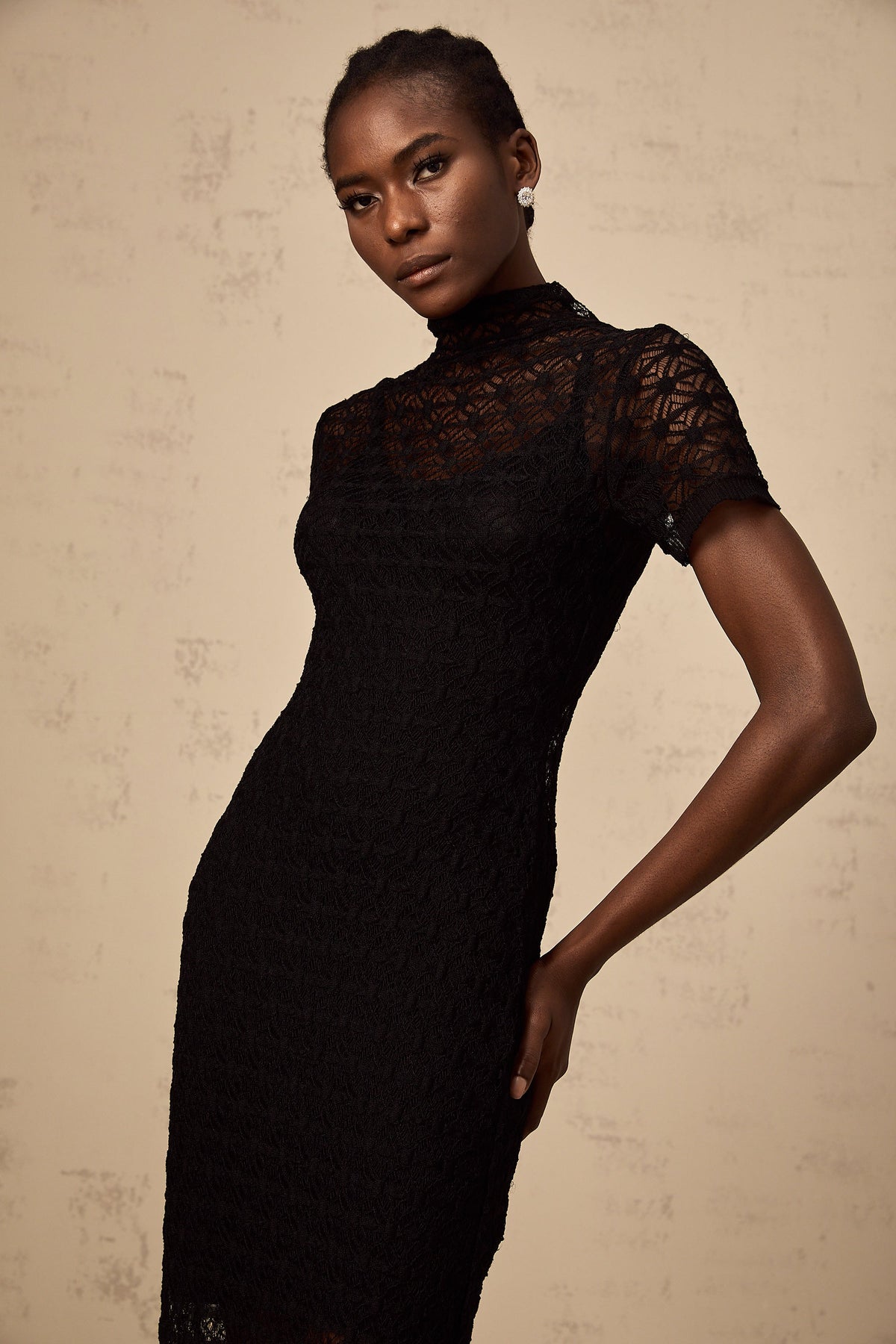 Vanessa black semi-sheer knit midi dress