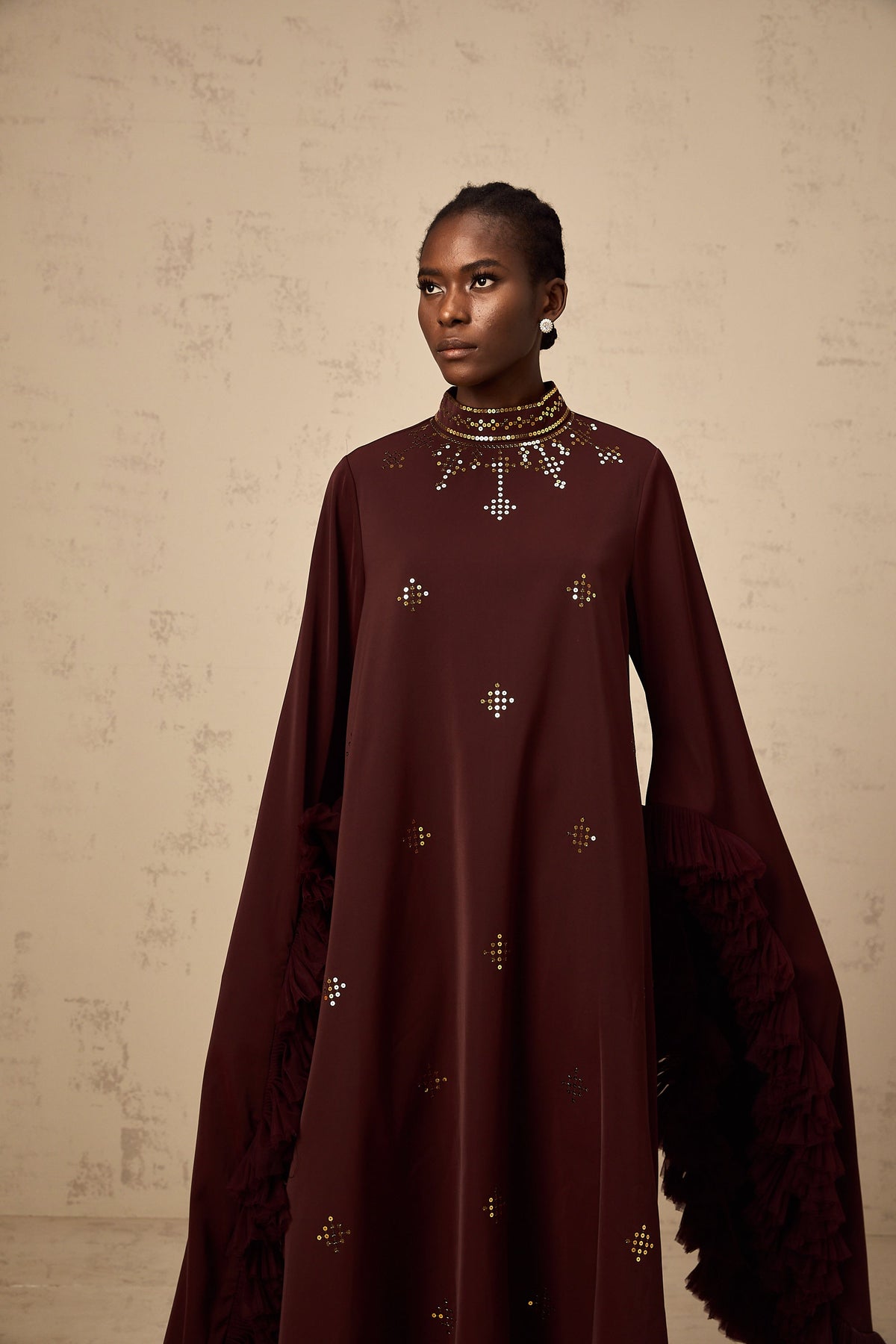 Anaïs purple sequined flared-sleeve midi dress