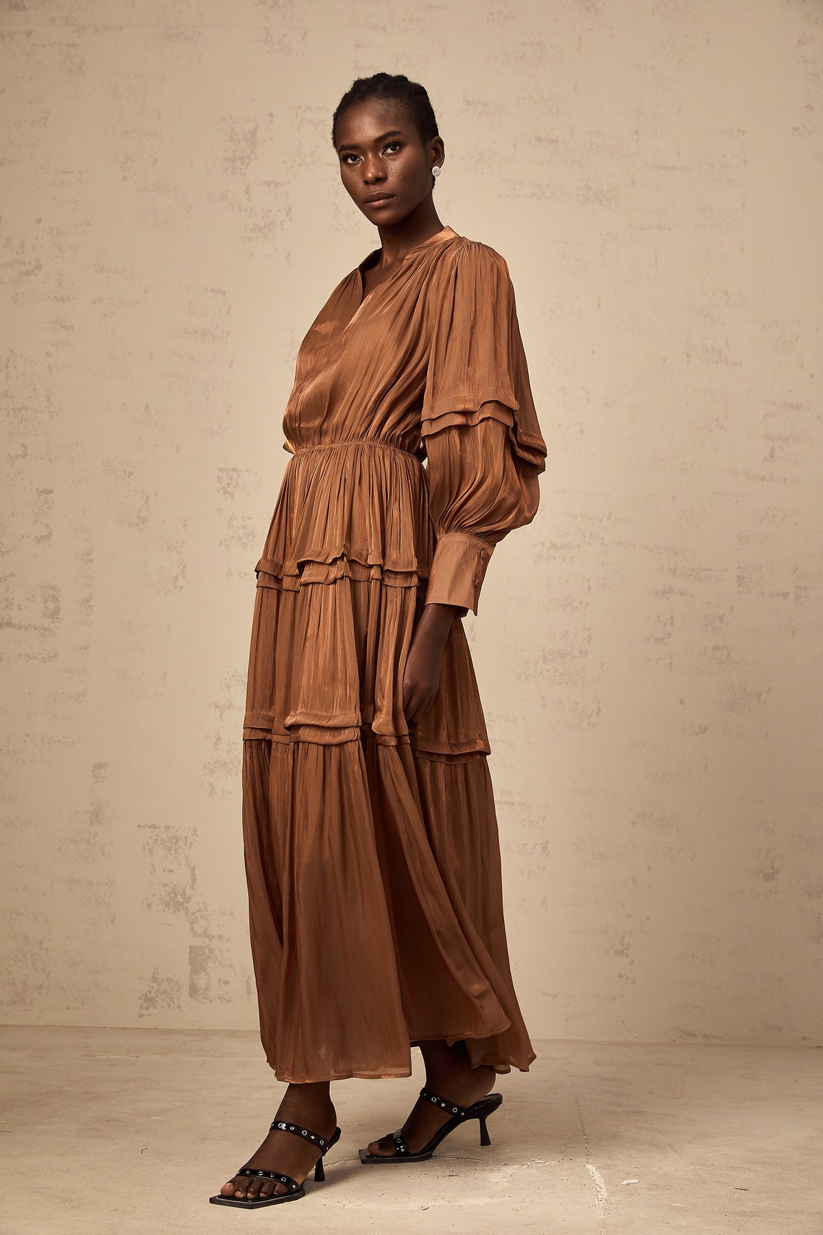 Emma brown ruffled-trim tiered maxi dress