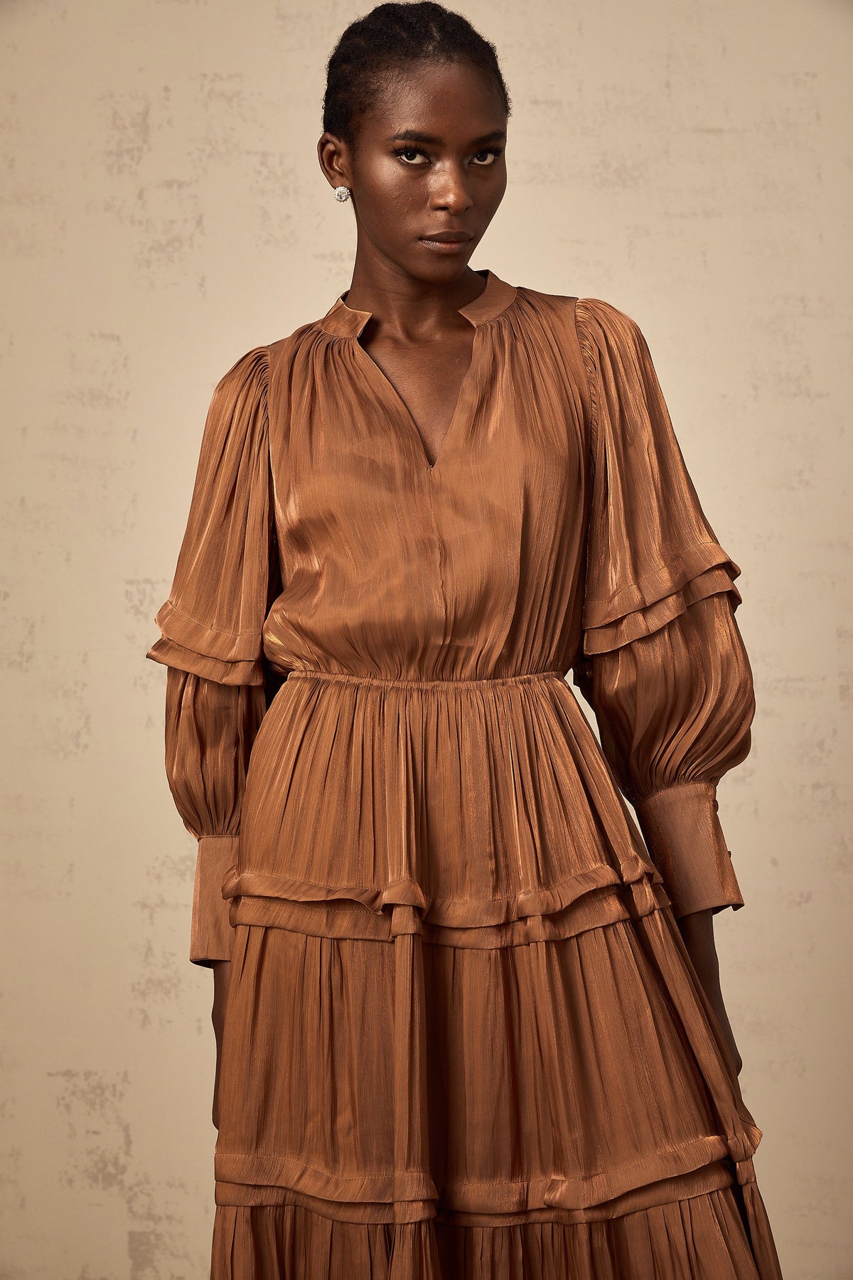 Emma brown ruffled-trim tiered maxi dress