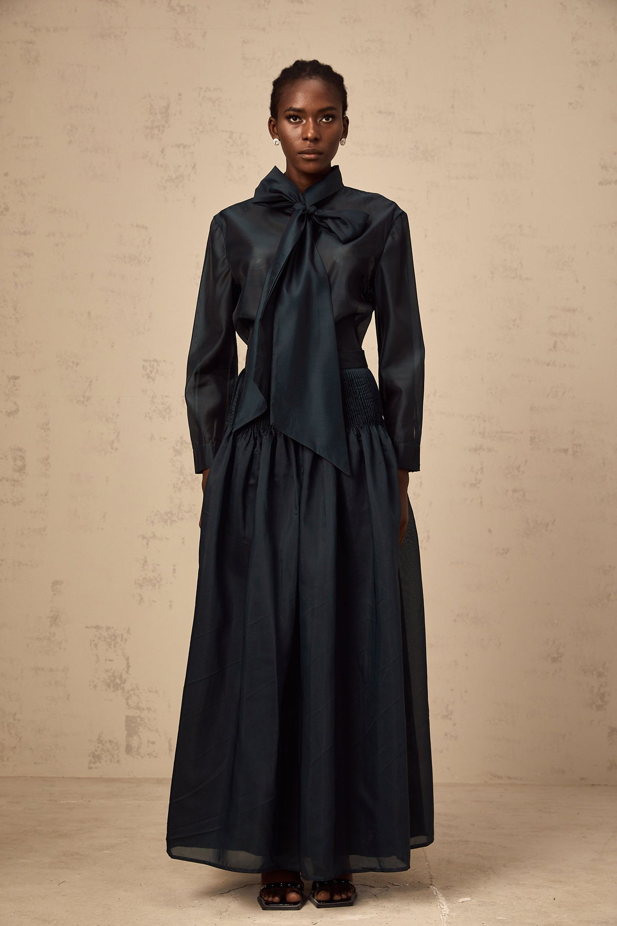 Zoé dark-green ribbon tie-neck shirt & skirt matching set