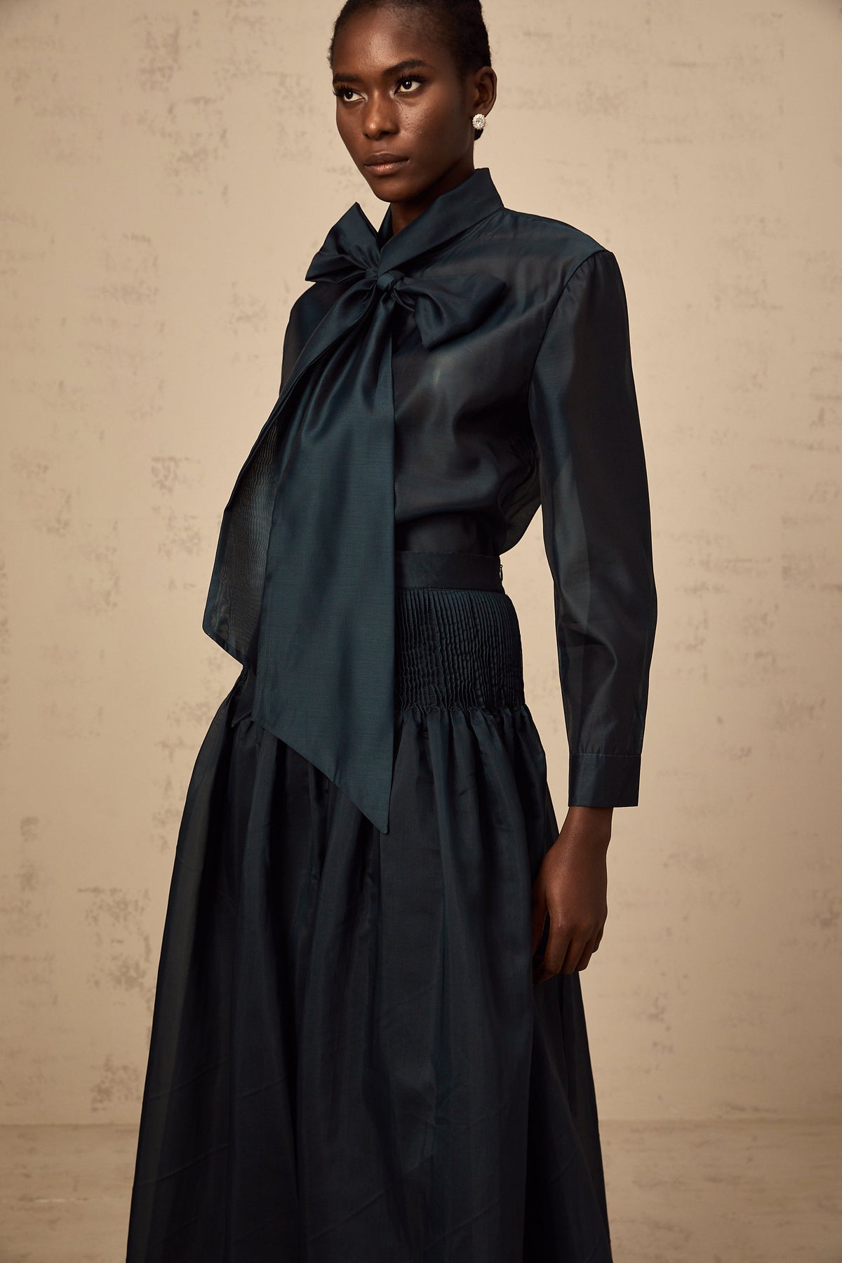 Zoé dark-green ribbon tie-neck shirt & skirt matching set (Final Sale-US Only)