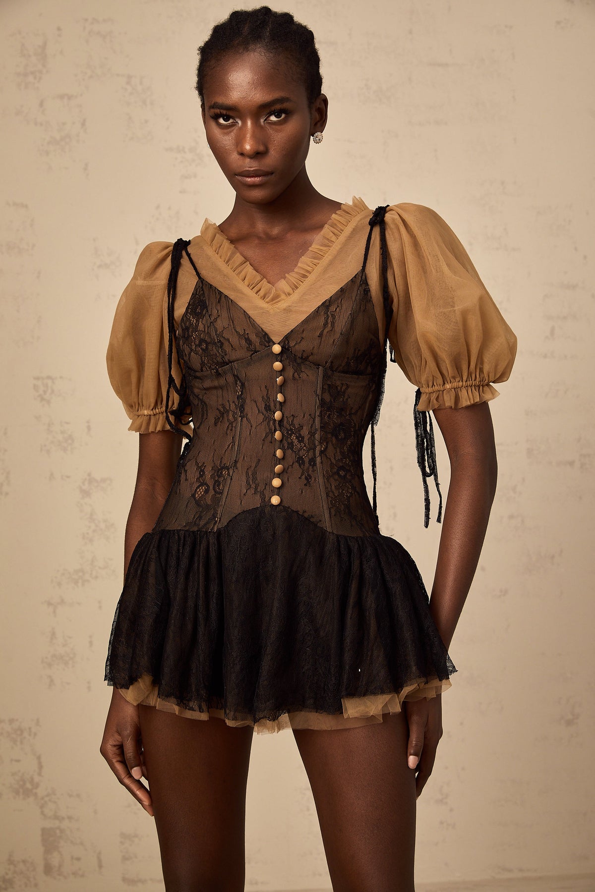 Fabienne black lace-panelling mini dress