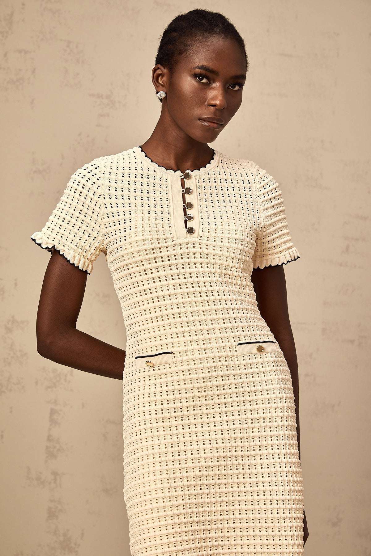 Victoire neutrals ruffled pointelle-knit mini dress
