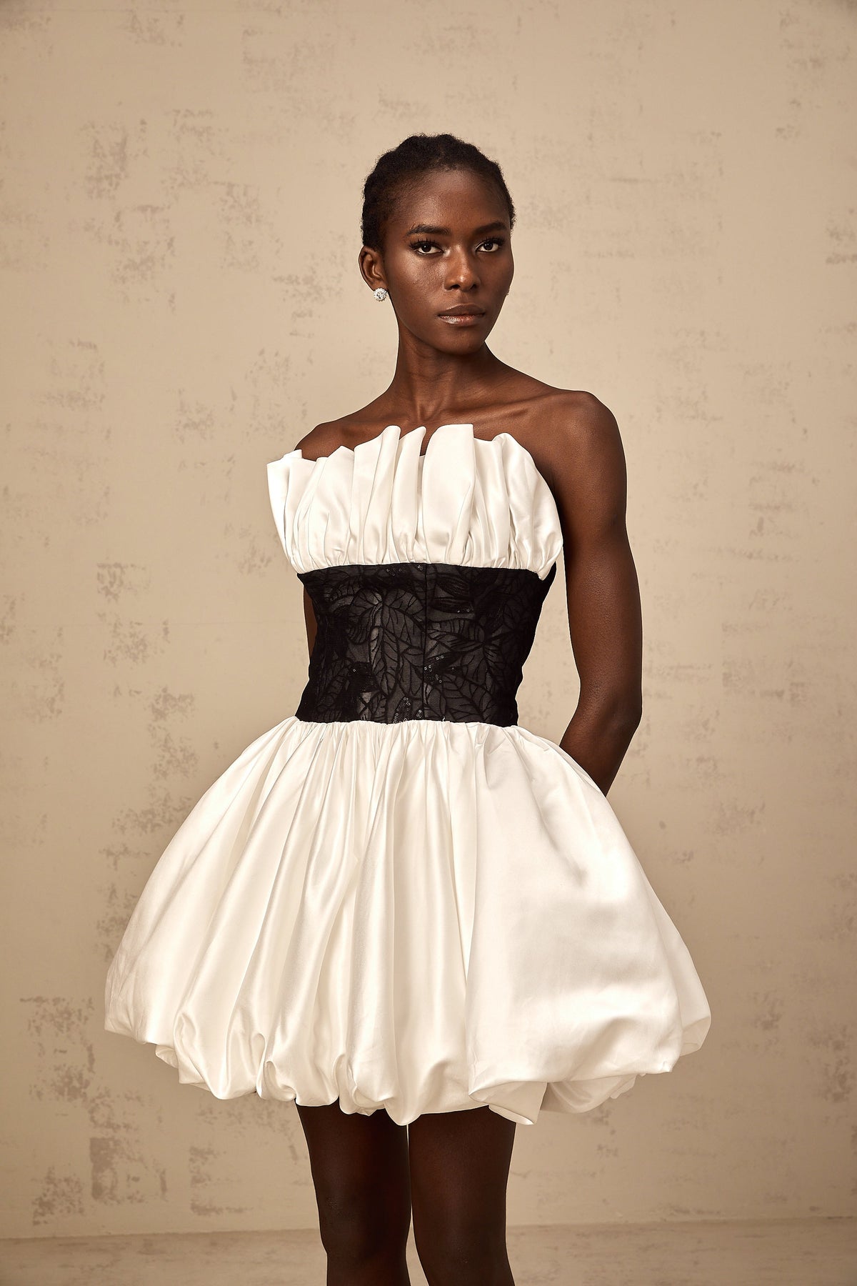 Éliane white lace-panelling puff satin mini dress