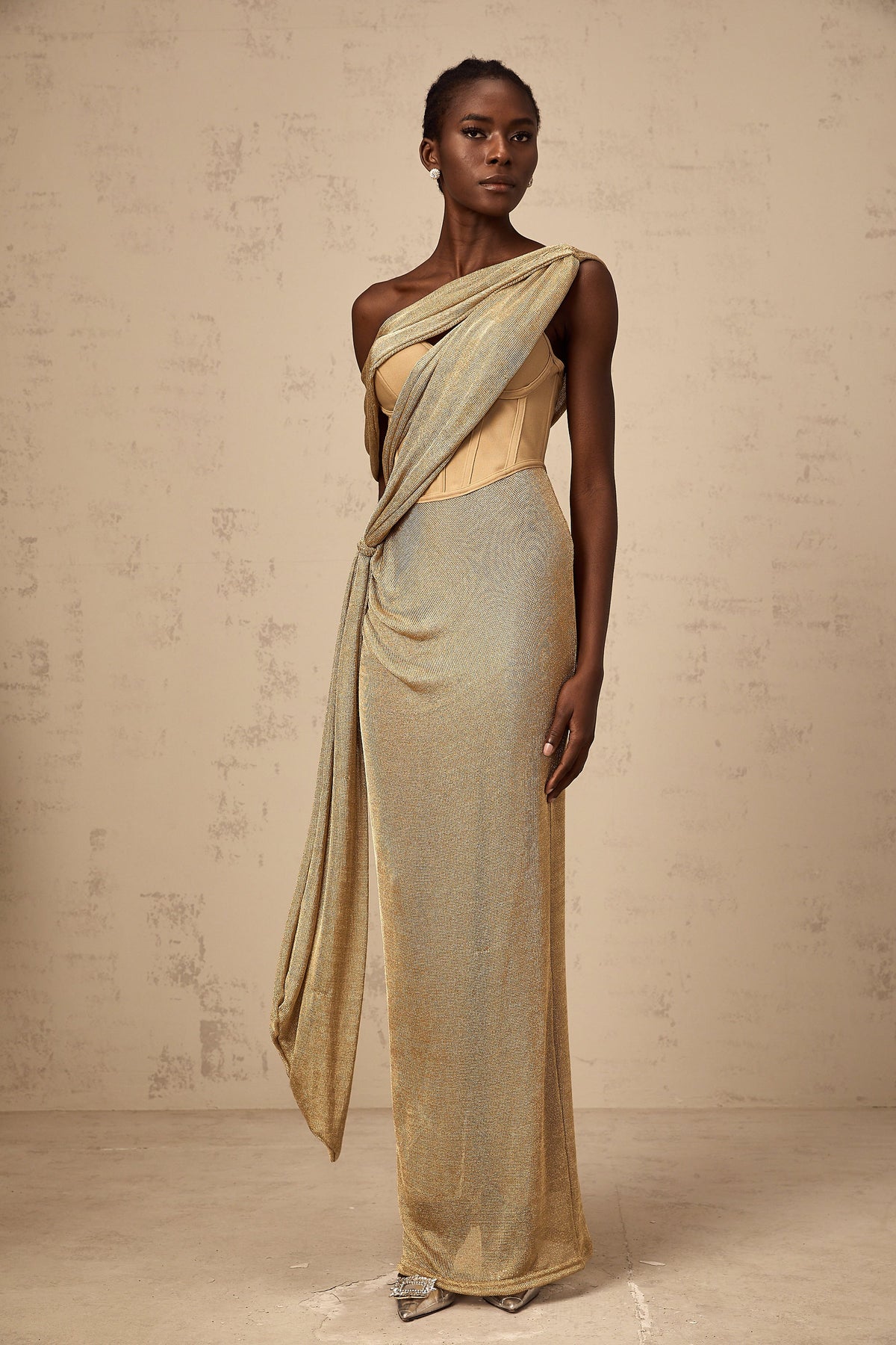 Delphine ribbon-design corset maxi dress in Khaki