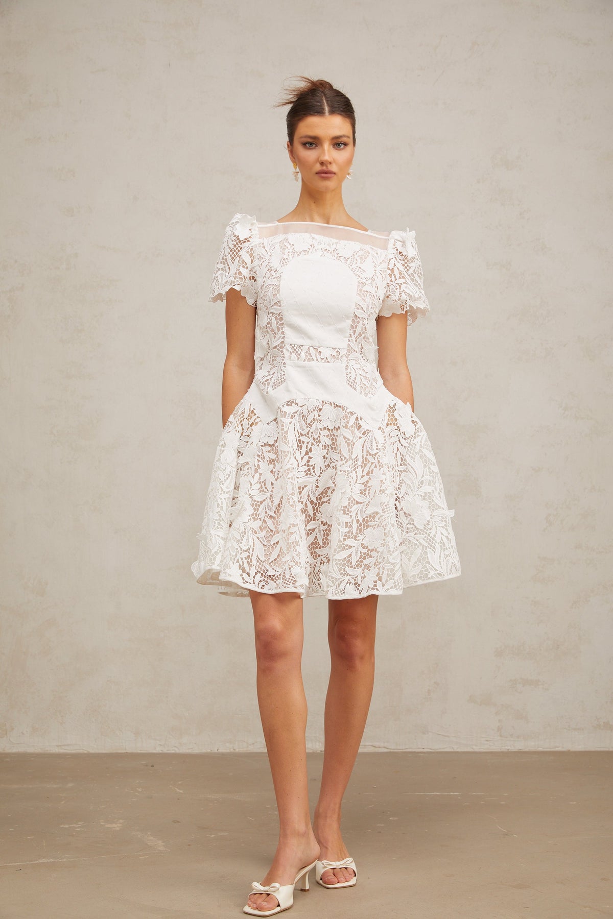 Josette white floral-lace puff mini dress
