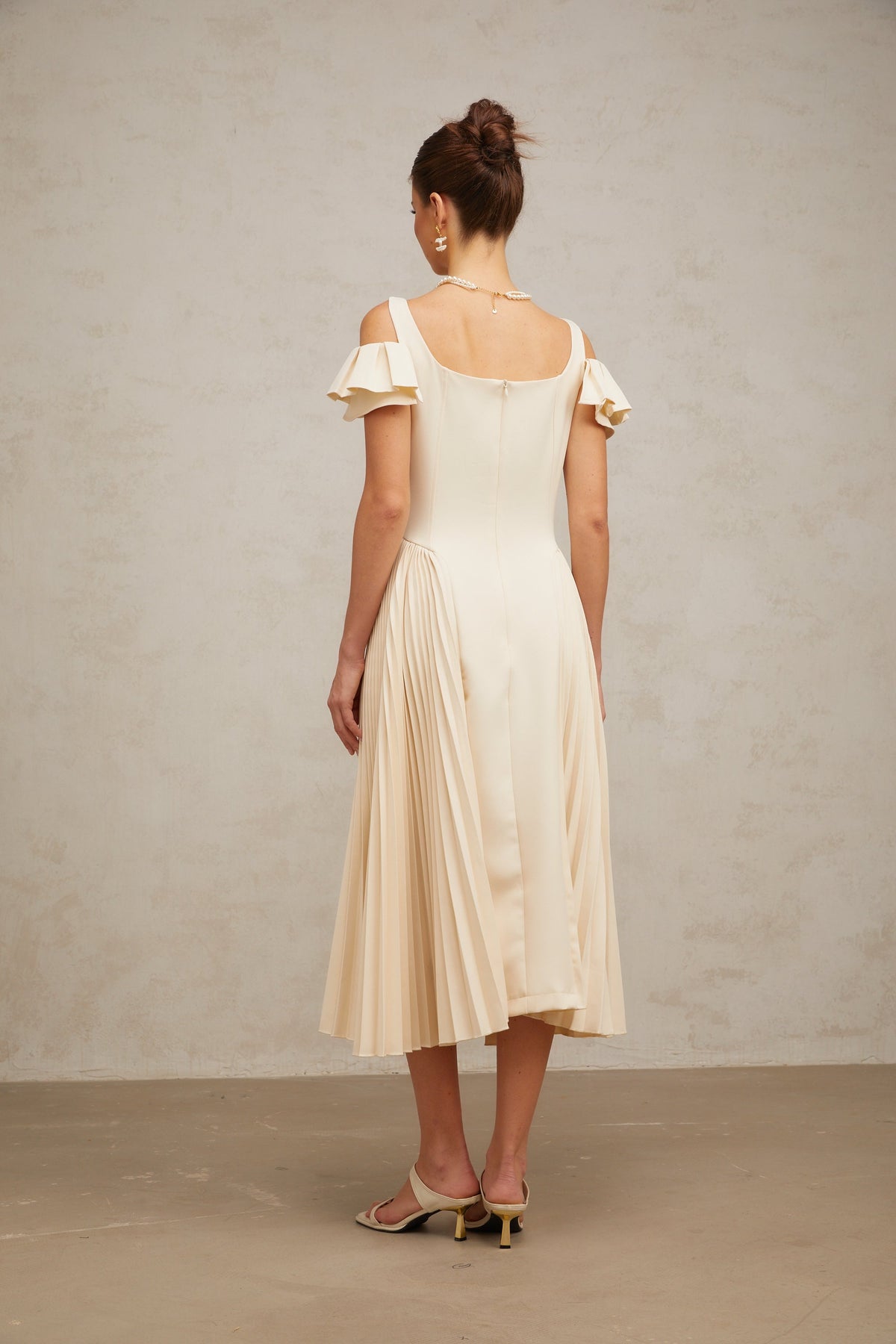 Véronique neutrals pleated flared midi dress
