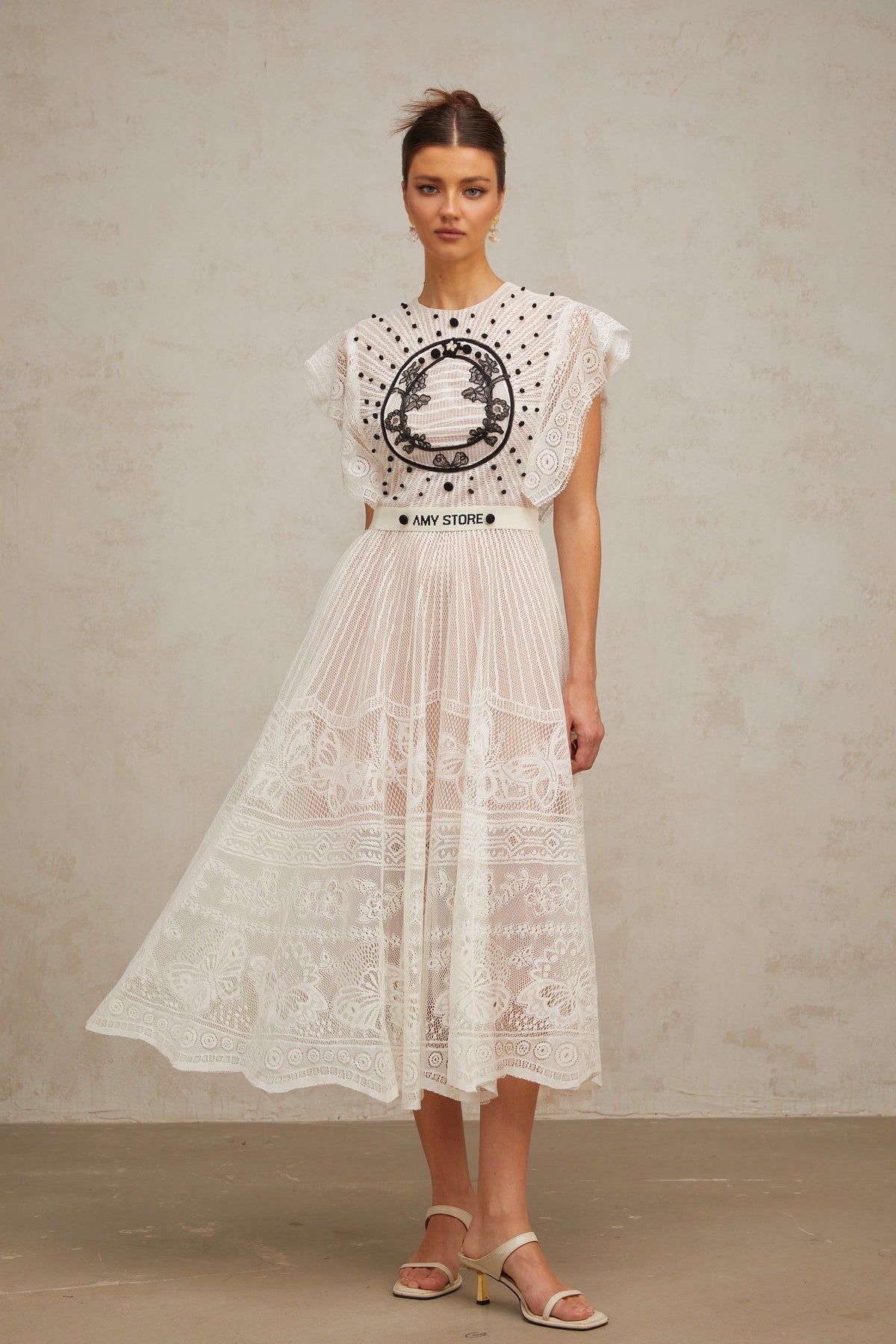 Phoebe white jacquard floral-lace pleated midi dress