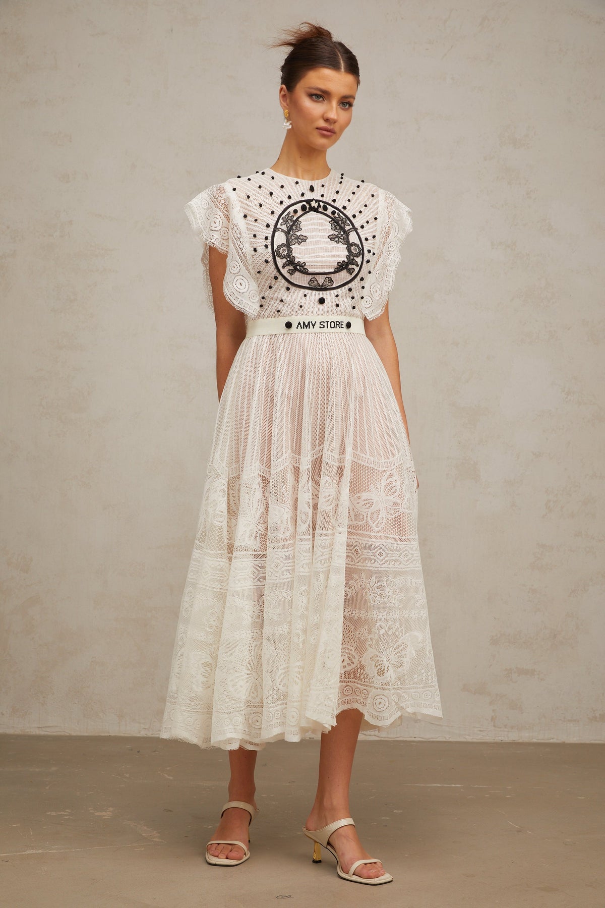 Phoebe white jacquard floral-lace pleated midi dress
