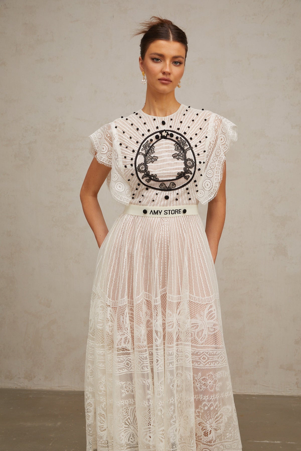 Phoebe white jacquard floral-lace pleated midi dress
