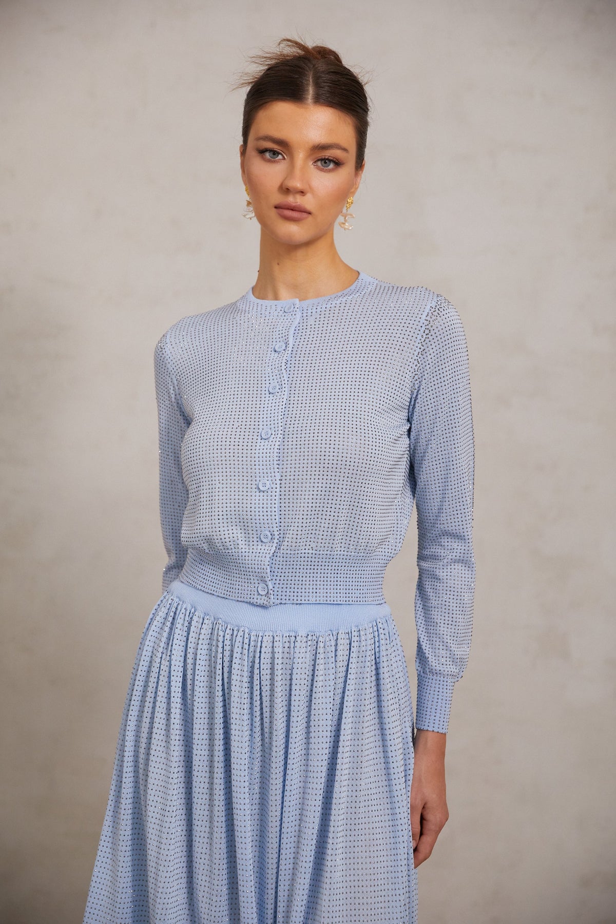 Tiphaine blue rhinestone knitted top & skirt matching set