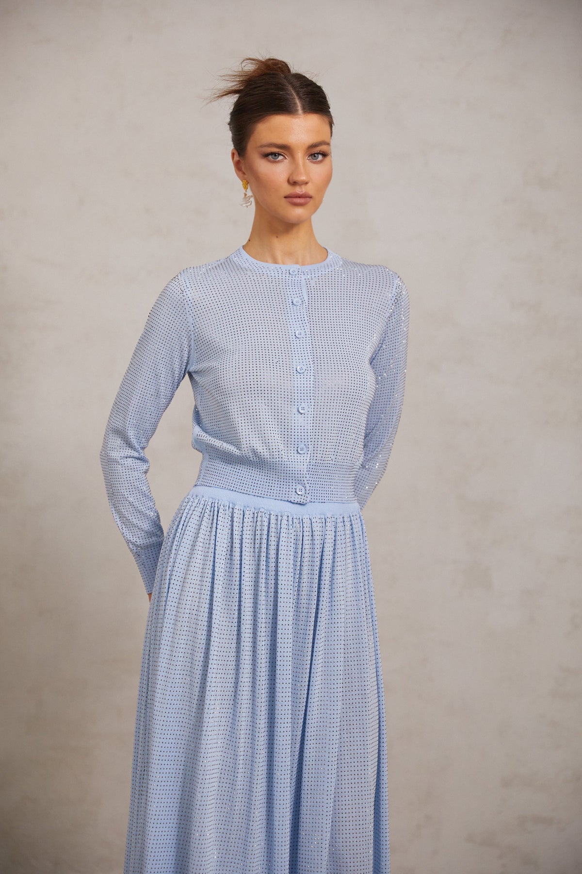 Tiphaine blue rhinestone knitted top & skirt matching set