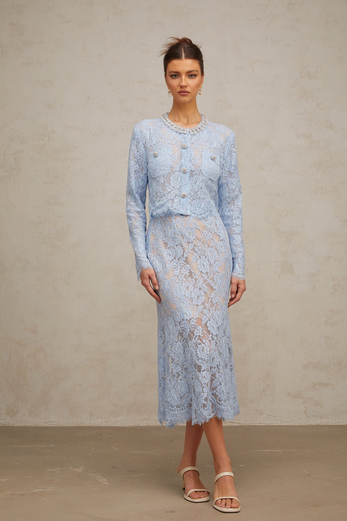 Ariane blue floral-lace top & skirt matching set (Final Sale-US Only)