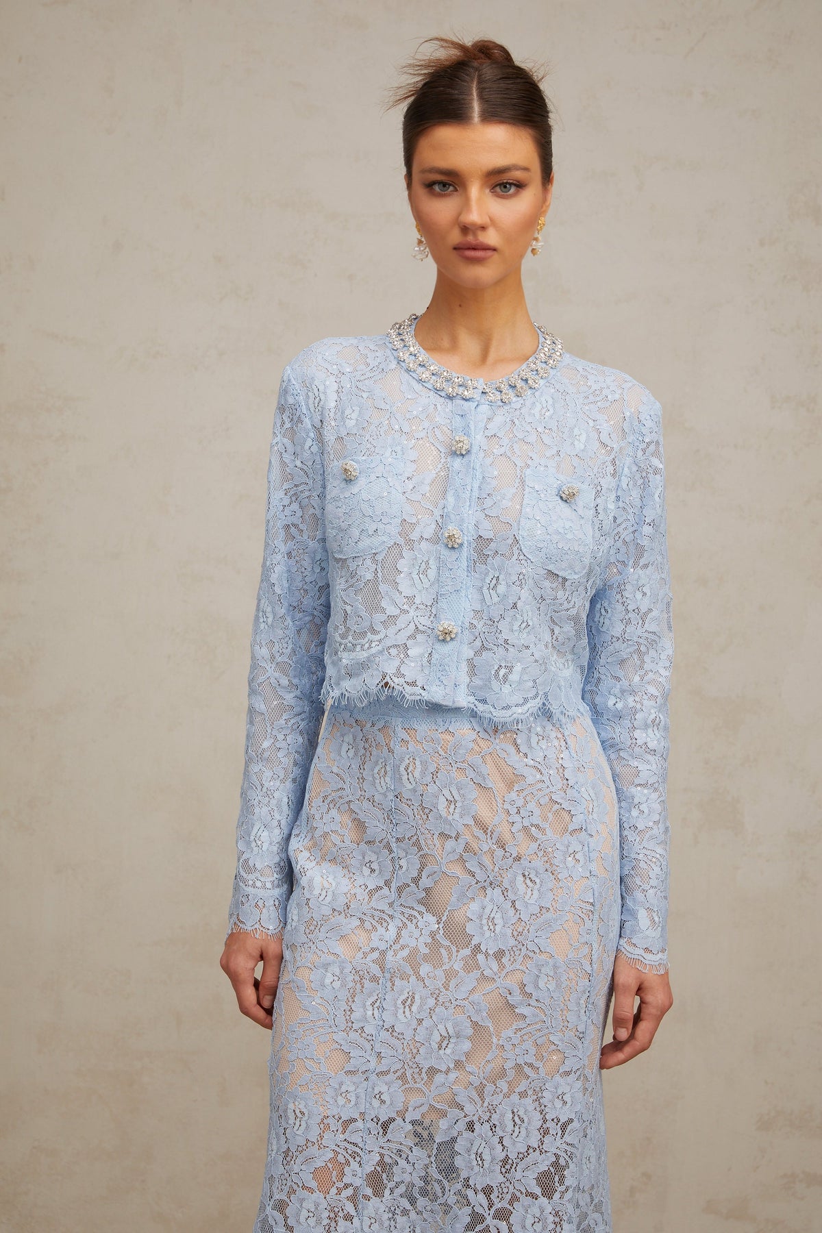 Ariane blue floral-lace top & skirt matching set (Final Sale-US Only)