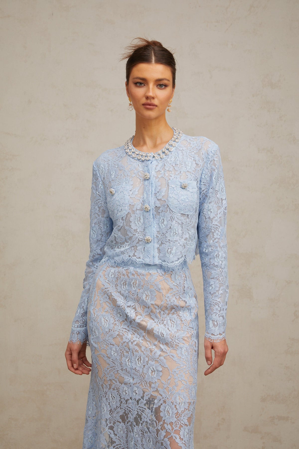 Ariane blue floral-lace top & skirt matching set (Final Sale-US Only)