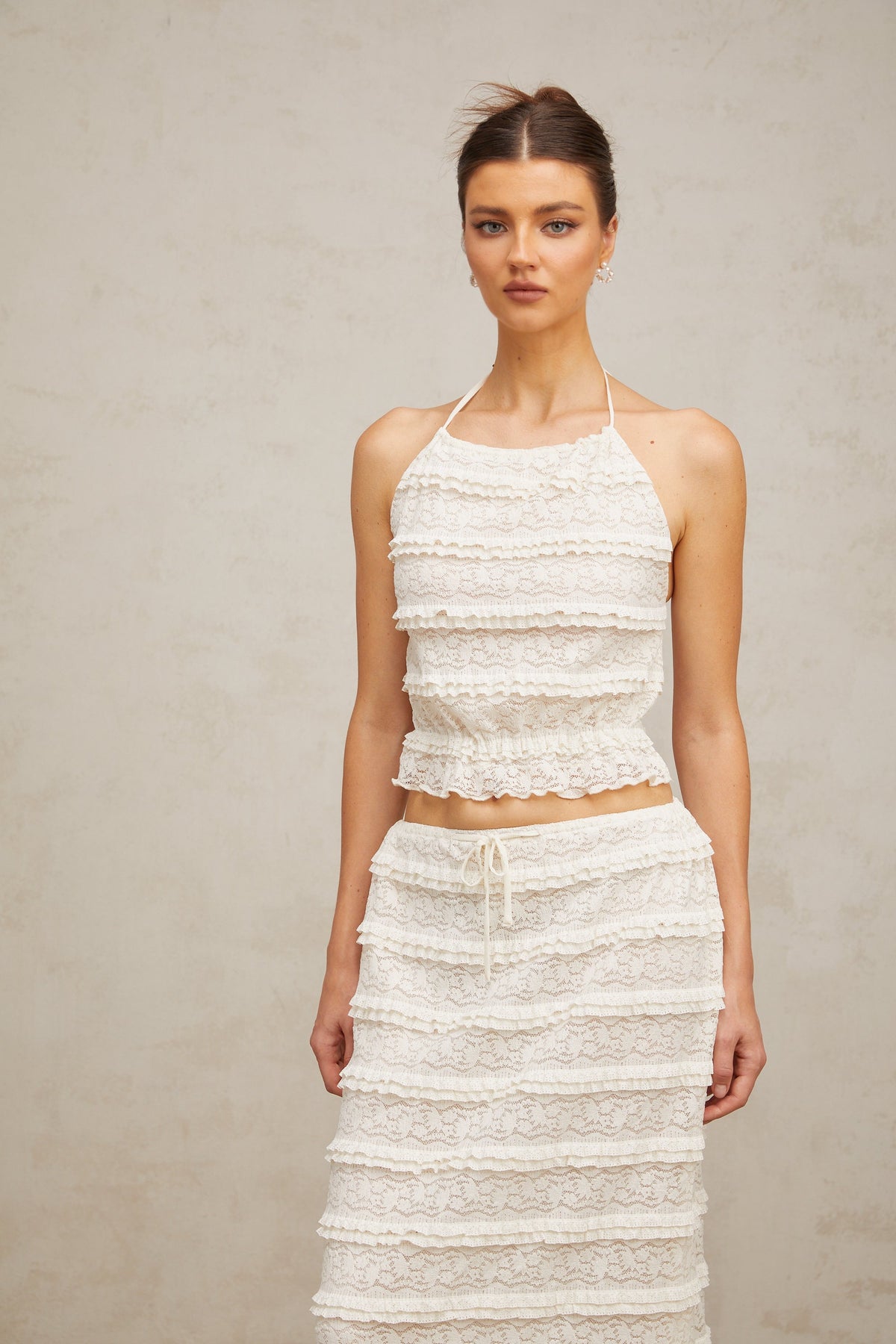 Héloïse off-white floral-lace ruffled top & skirt matching set