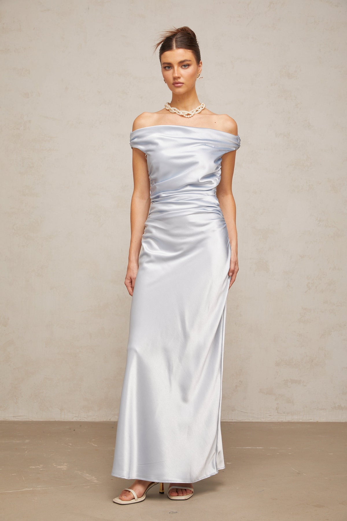 Amanda blue off-shoulder ruched satin maxi dress