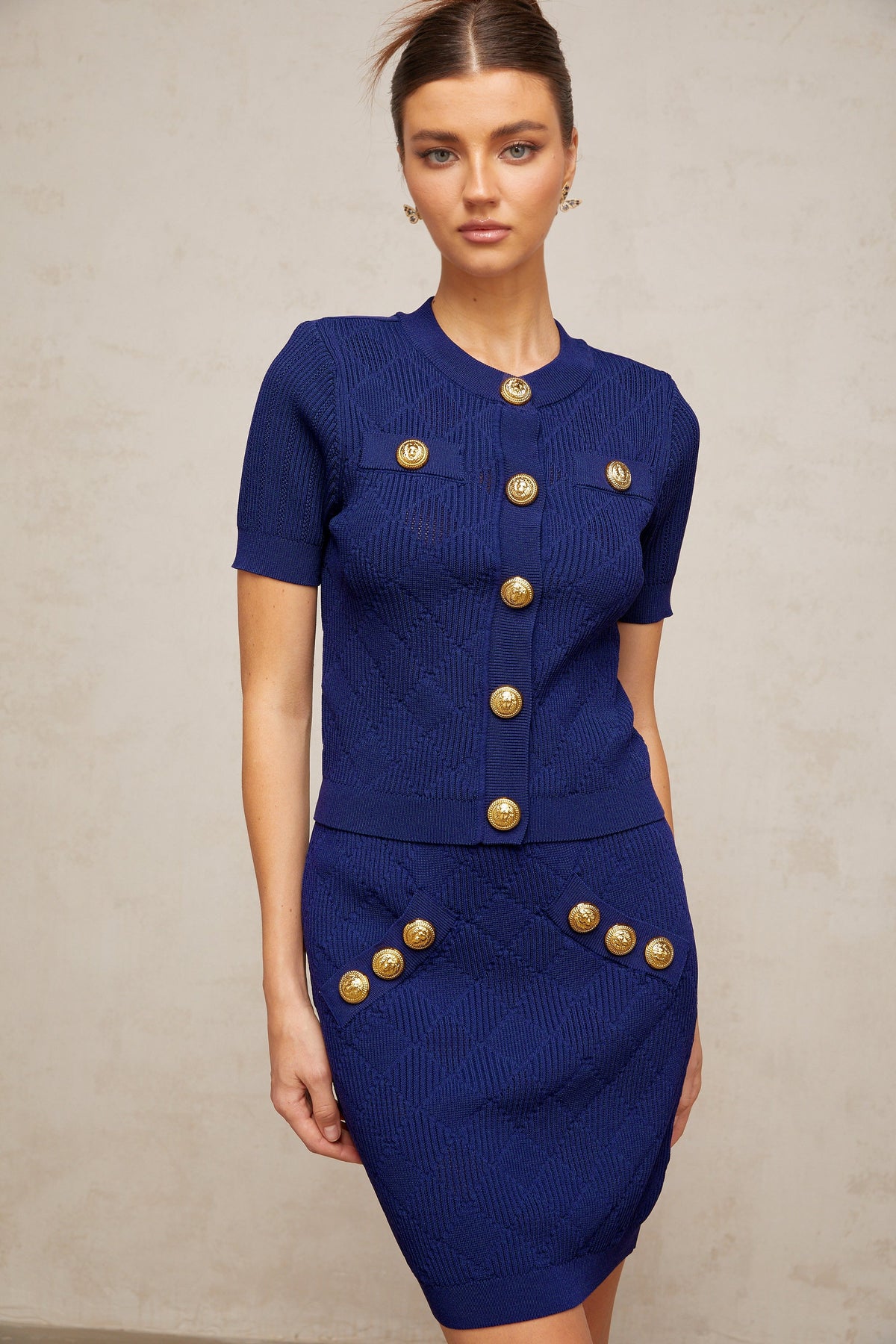 Yseut blue plaid-check knit top & skirt matching set