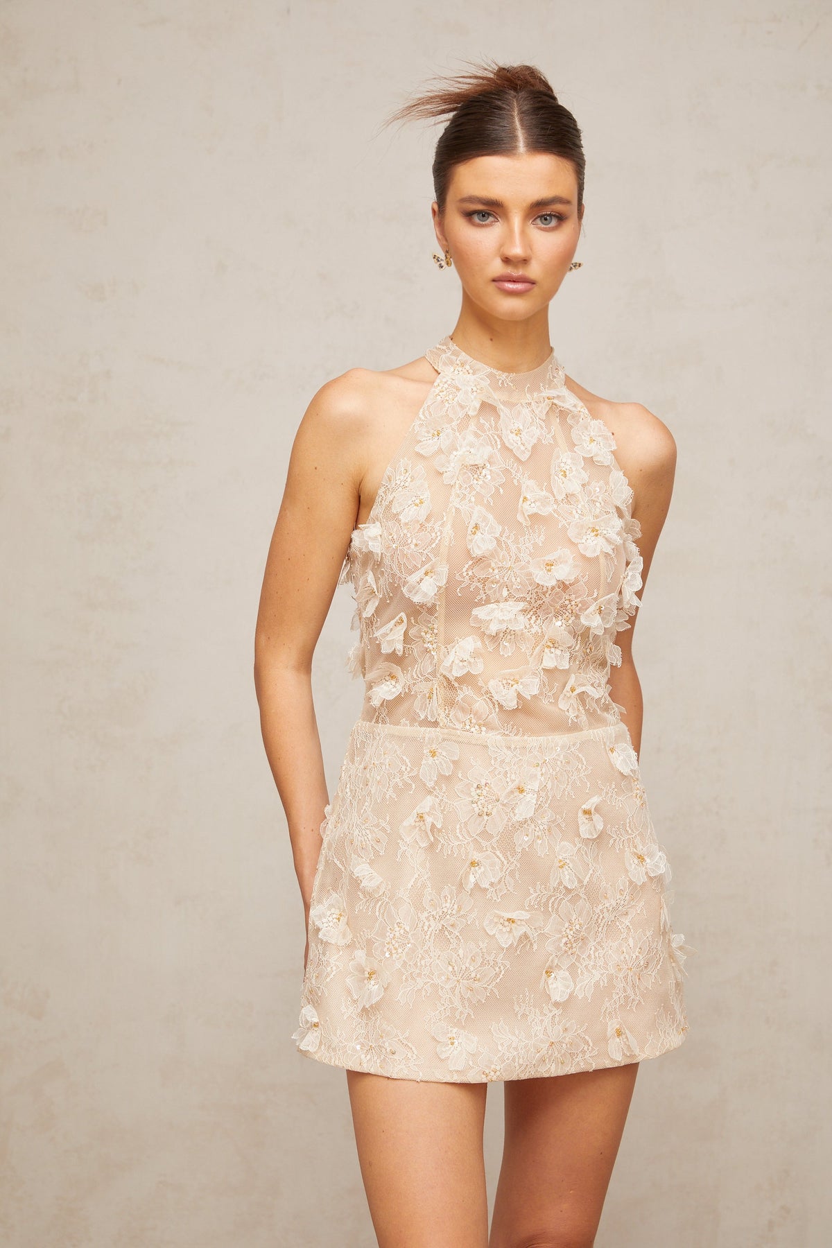 Léa neutrals flower-appliqué lace mini dress