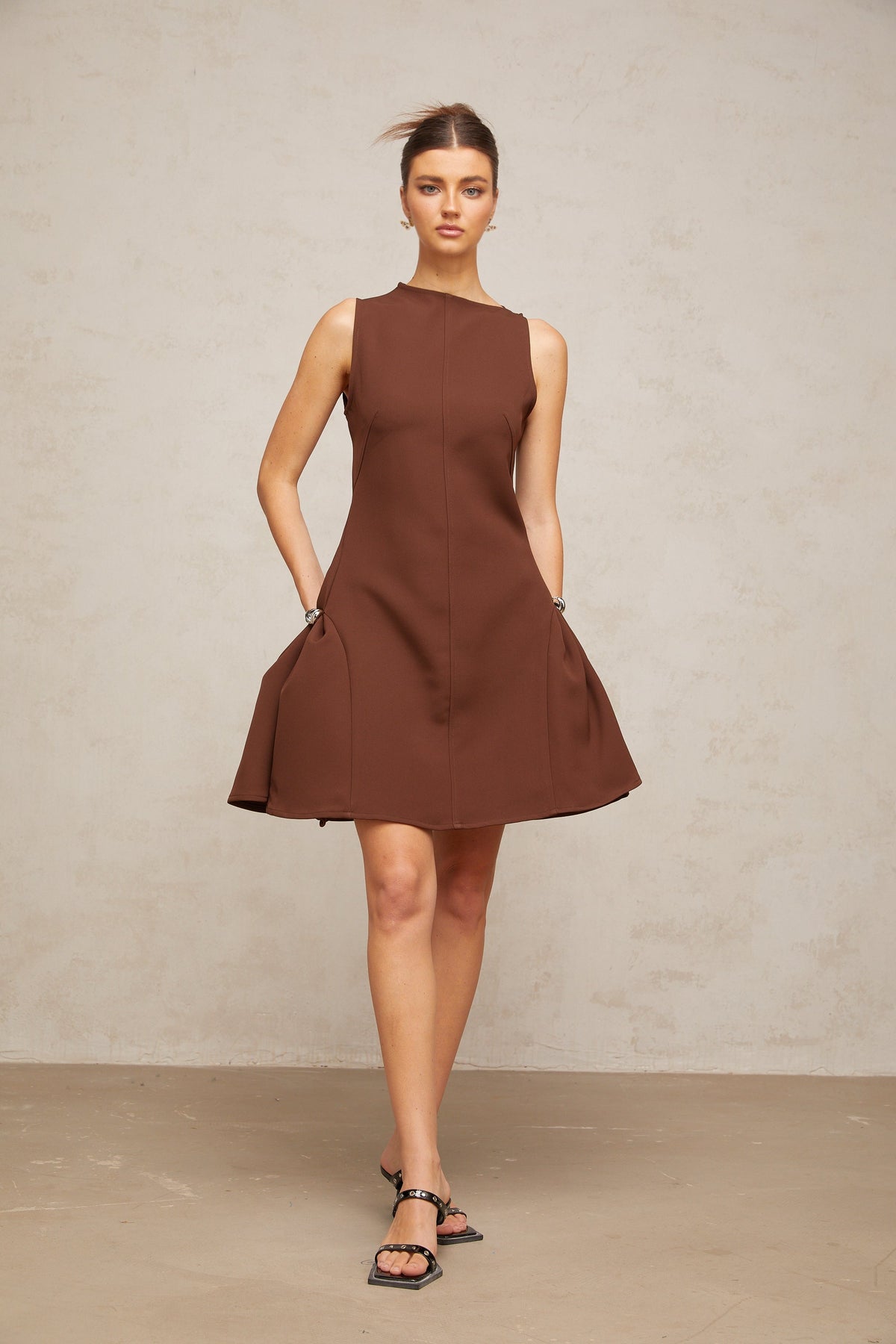 Dora brown asymmetrical-neck puff mini dress (Final Sale-US Only)