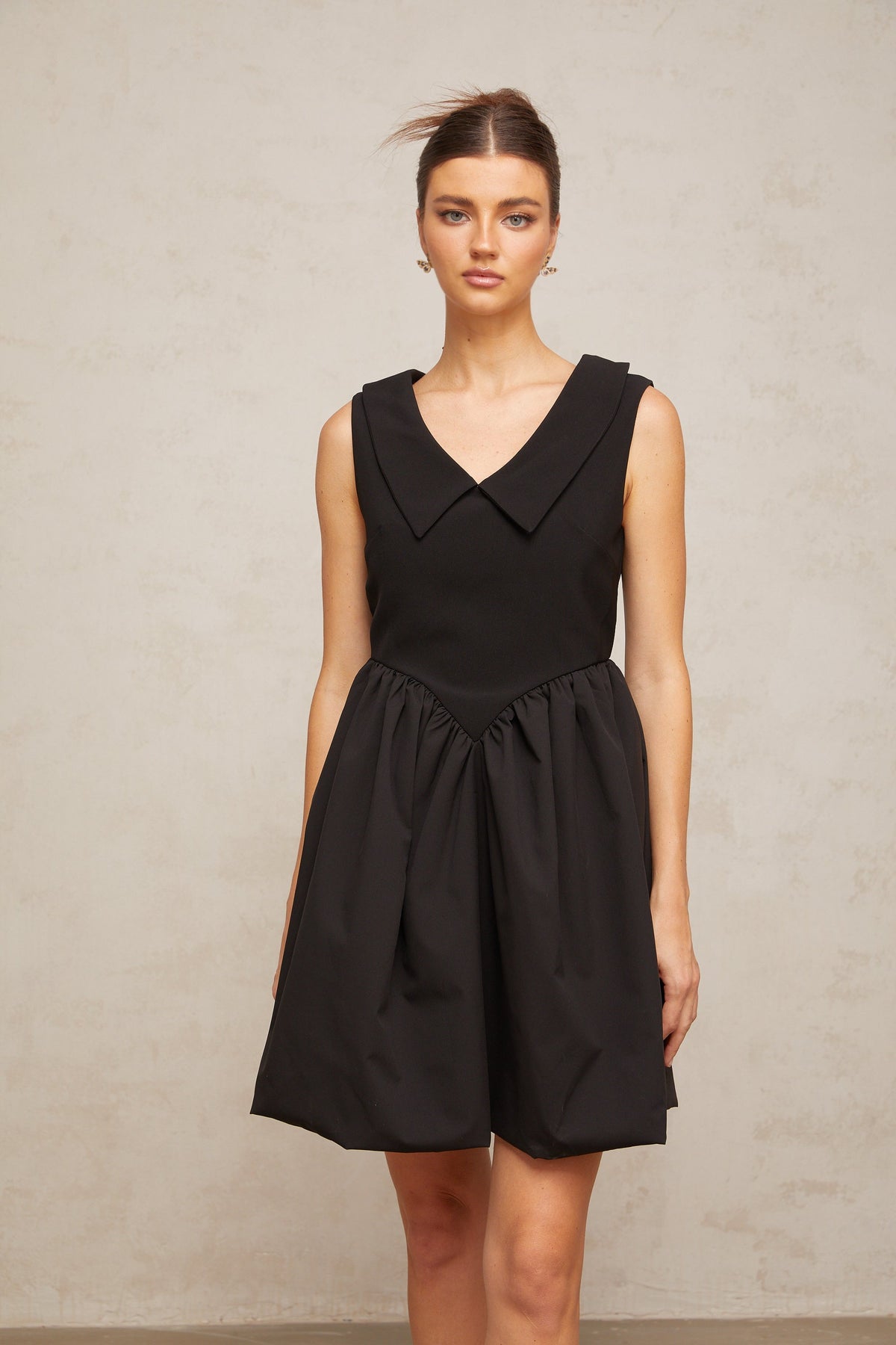 Sandrine black lapel puff mini dress