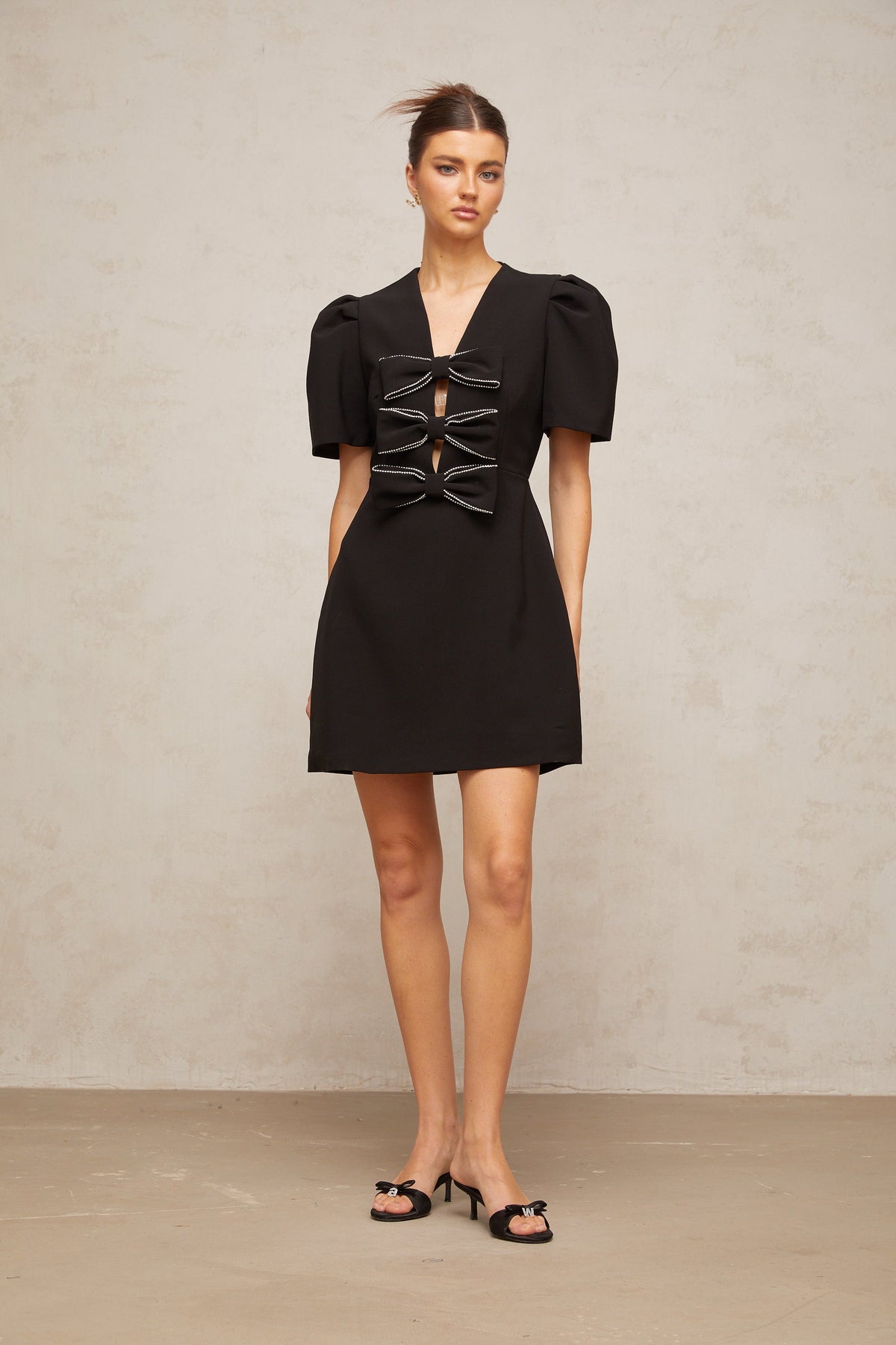 Tania black bowknot embellished mini dress