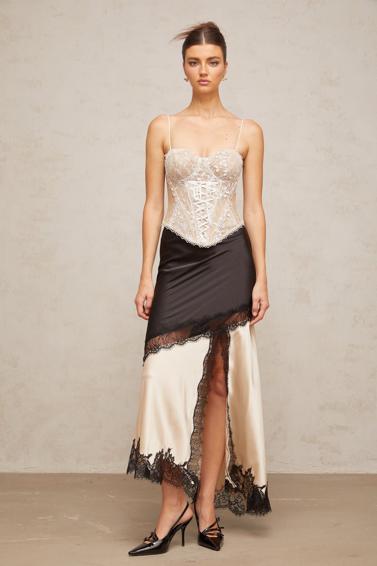 Raphaëlle lace-panel asymmetrical satin skirt